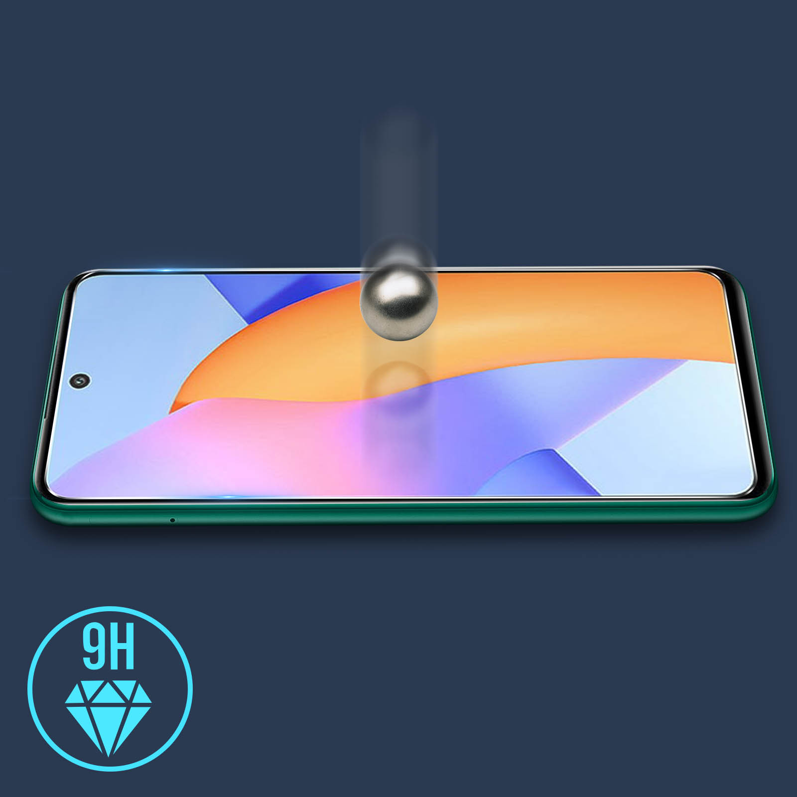 Uno schermo del telefono con protezione in vetro. Una palla colpisce lo schermo. Il telefono è verde.