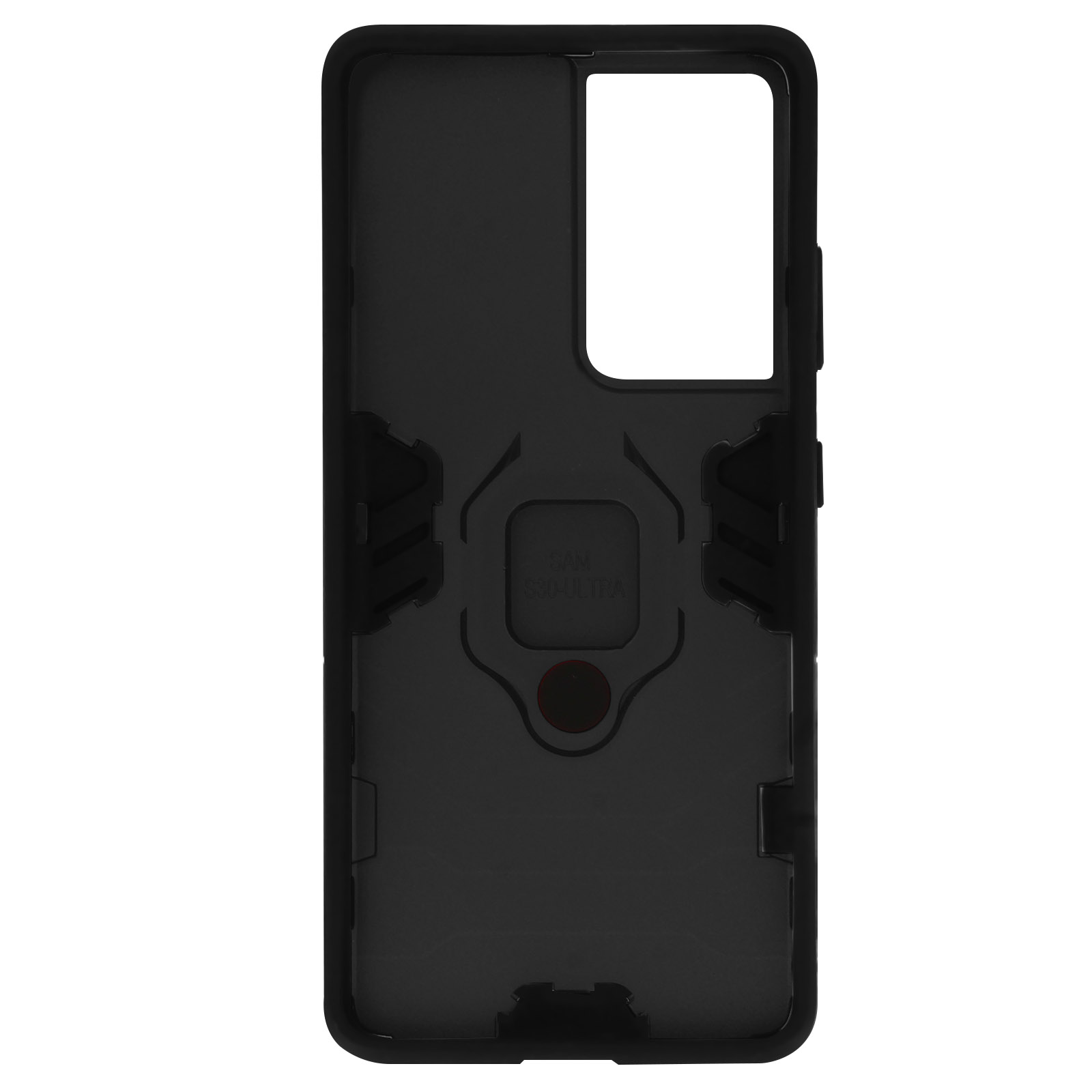 Interno della custodia del telefono nero. Presenta un supporto e un cerchio rosso.