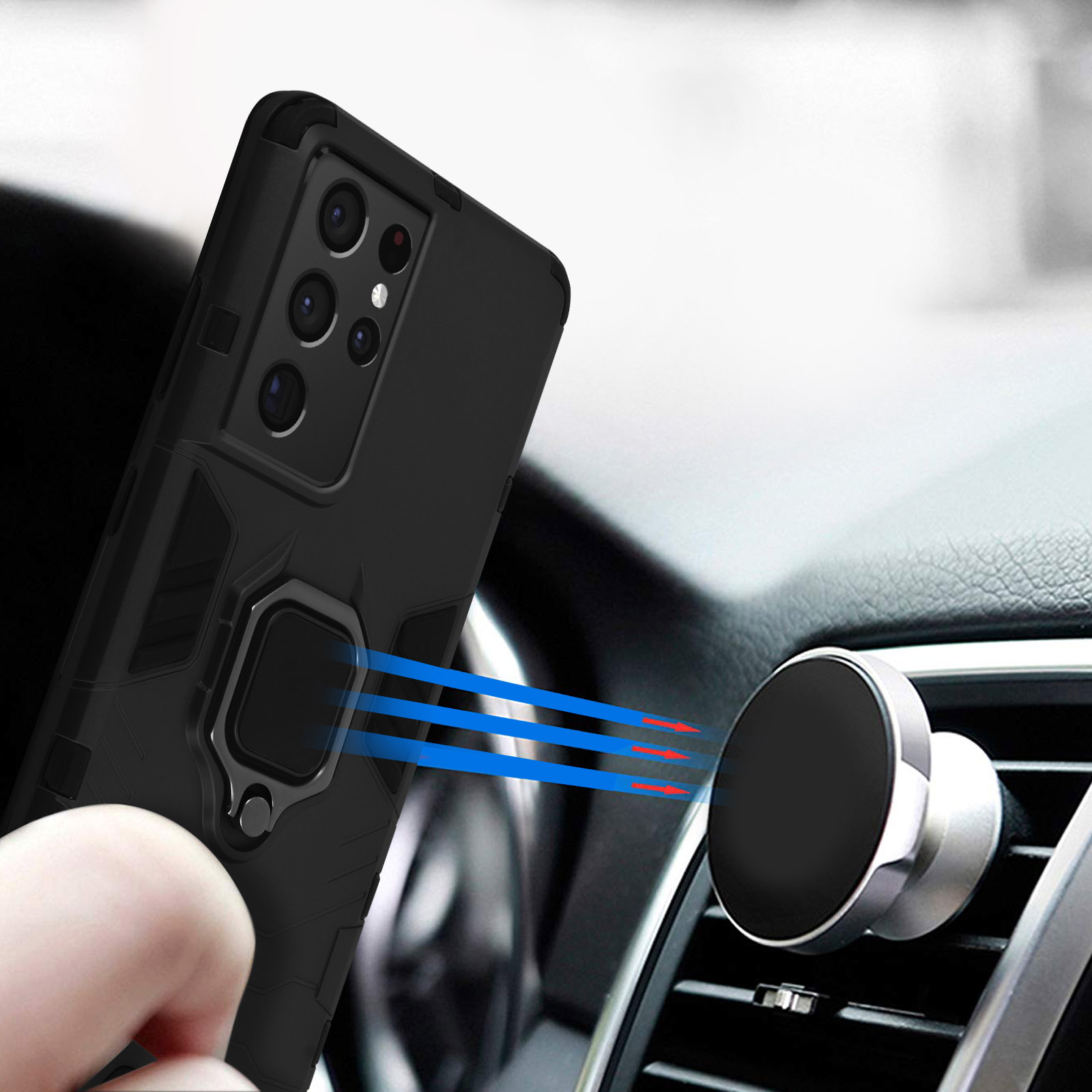 Custodia per telefono con supporto ad anello attaccato alla presa d'aria dell'auto. Telefono e calamite visibili.