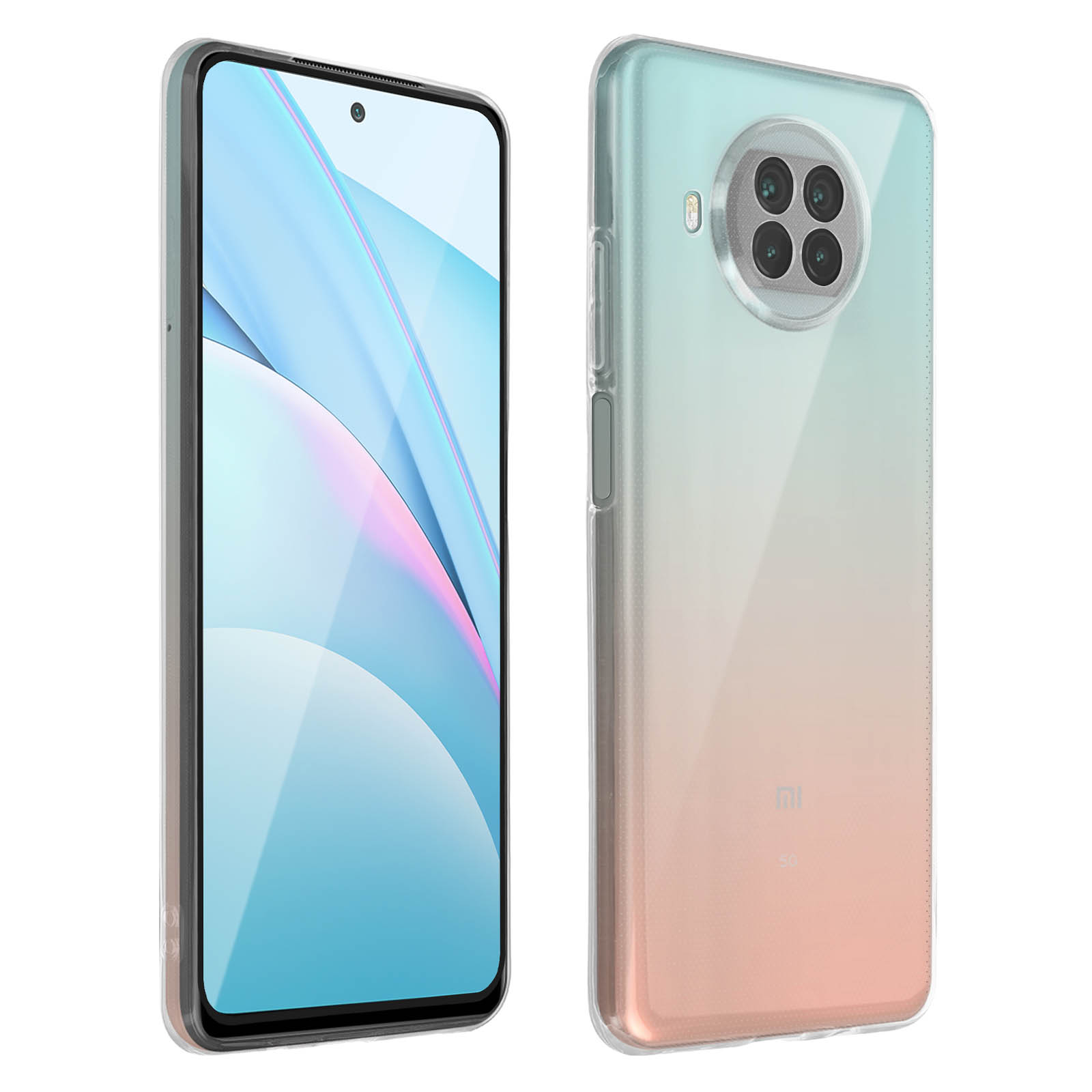 Custodia sfumata rosa e verde acqua. Il telefono è acceso. La custodia è trasparente attorno alla fotocamera.