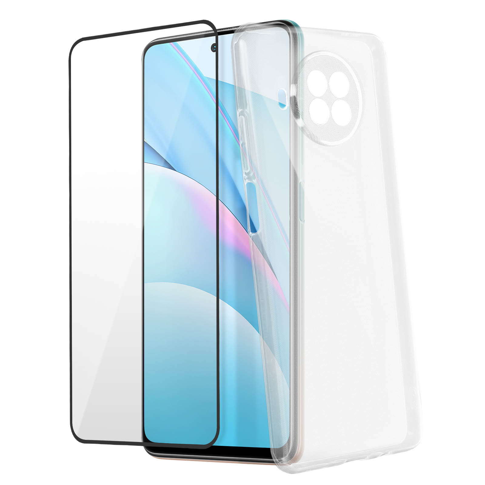 Tre accessori per telefono, protezione schermo e custodia. Telefono al centro.