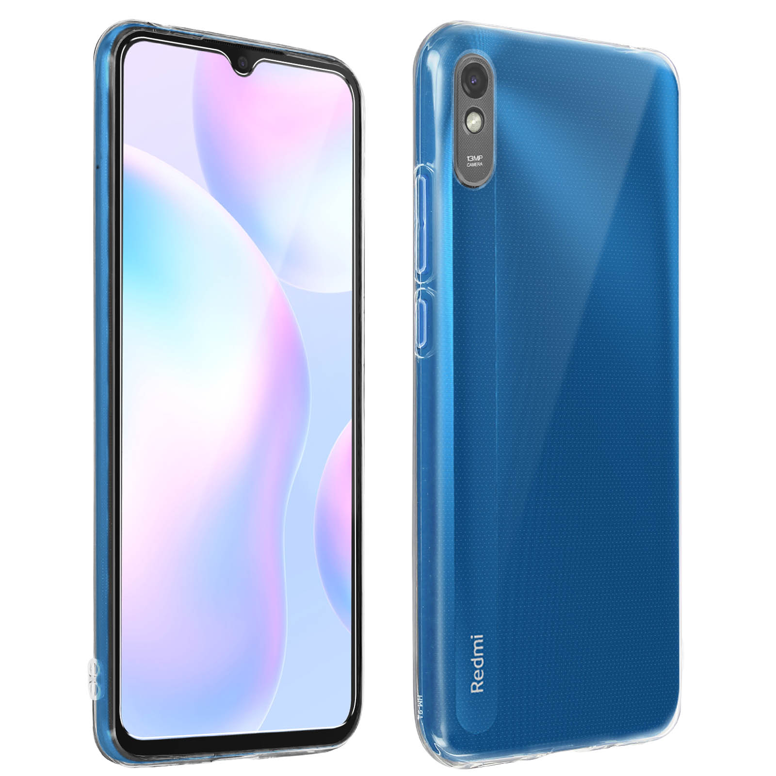 Un telefono blu con una custodia blu trasparente. Il telefono è mostrato da due lati. La custodia è quasi trasparente.