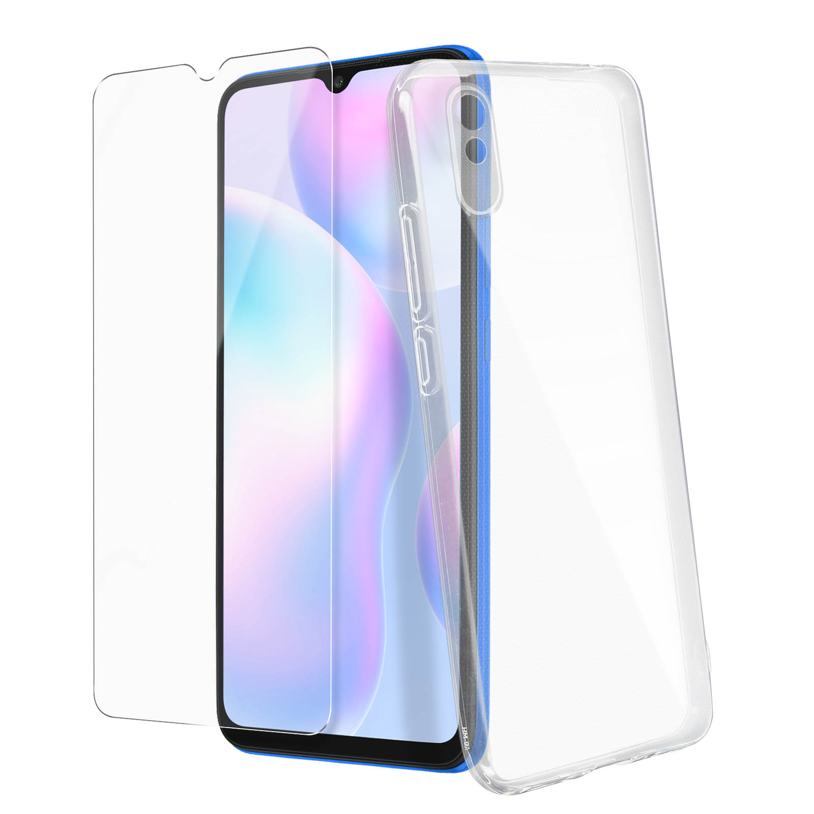 Un telefono e una protezione per lo schermo sono accanto a una custodia trasparente per telefono. Tutto su sfondo bianco.