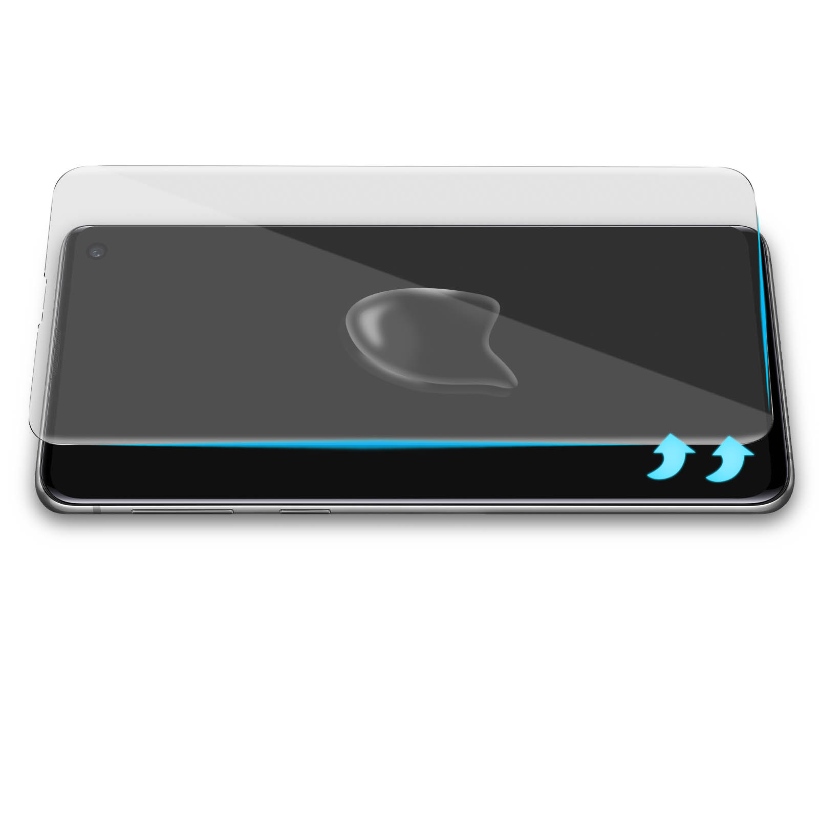 Telefono con protezione schermo applicata. Il protettore ha frecce blu. Sfondo bianco.