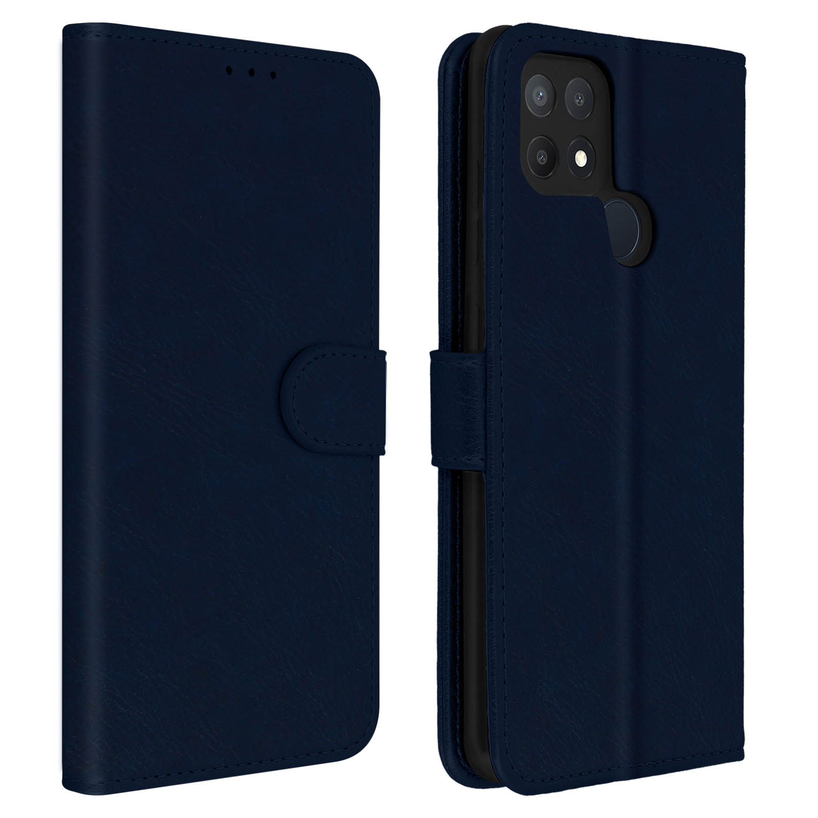 Custodia per telefono blu scuro, aperta. Un telefono è all'interno. La custodia ha una chiusura magnetica.