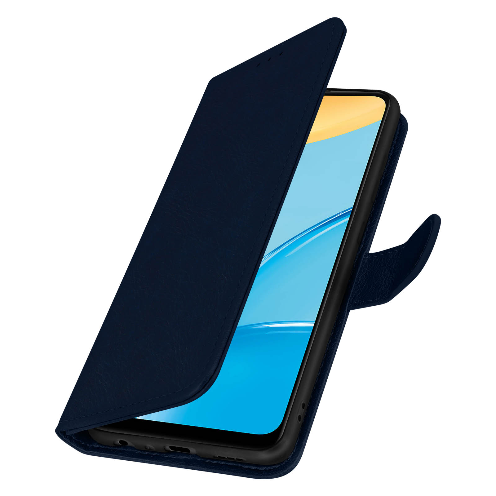 Custodia per telefono blu scuro con un telefono all'interno. La custodia è aperta. Lo schermo del telefono mostra blu e giallo.