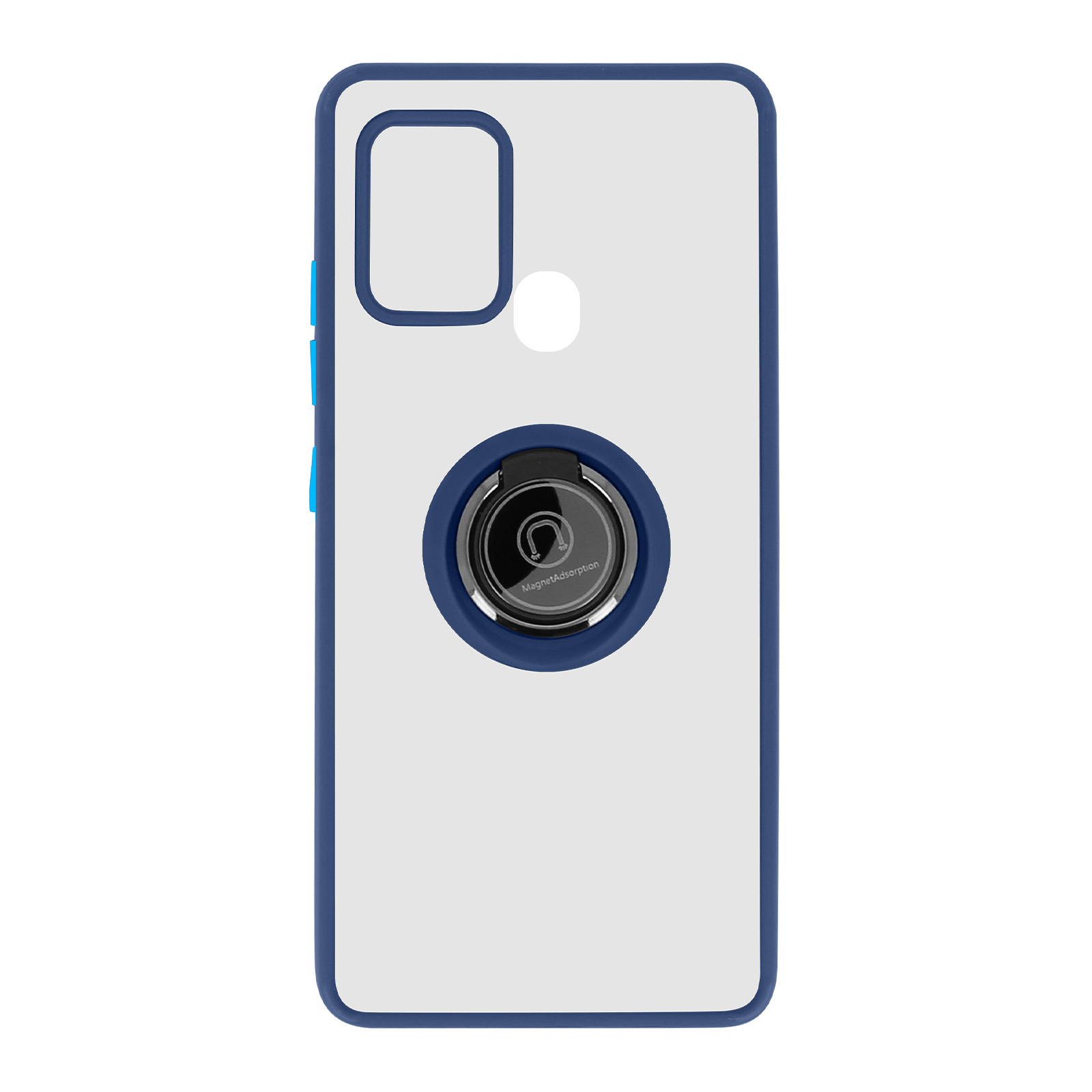 Coque de téléphone avec anneau de support, deux angles. La coque est blanche et bleue. Anneau à l'arrière.