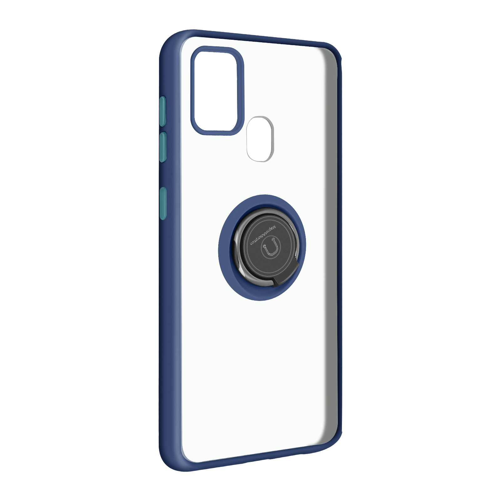 Coque de téléphone bleue et transparente avec anneau. Fond blanc.