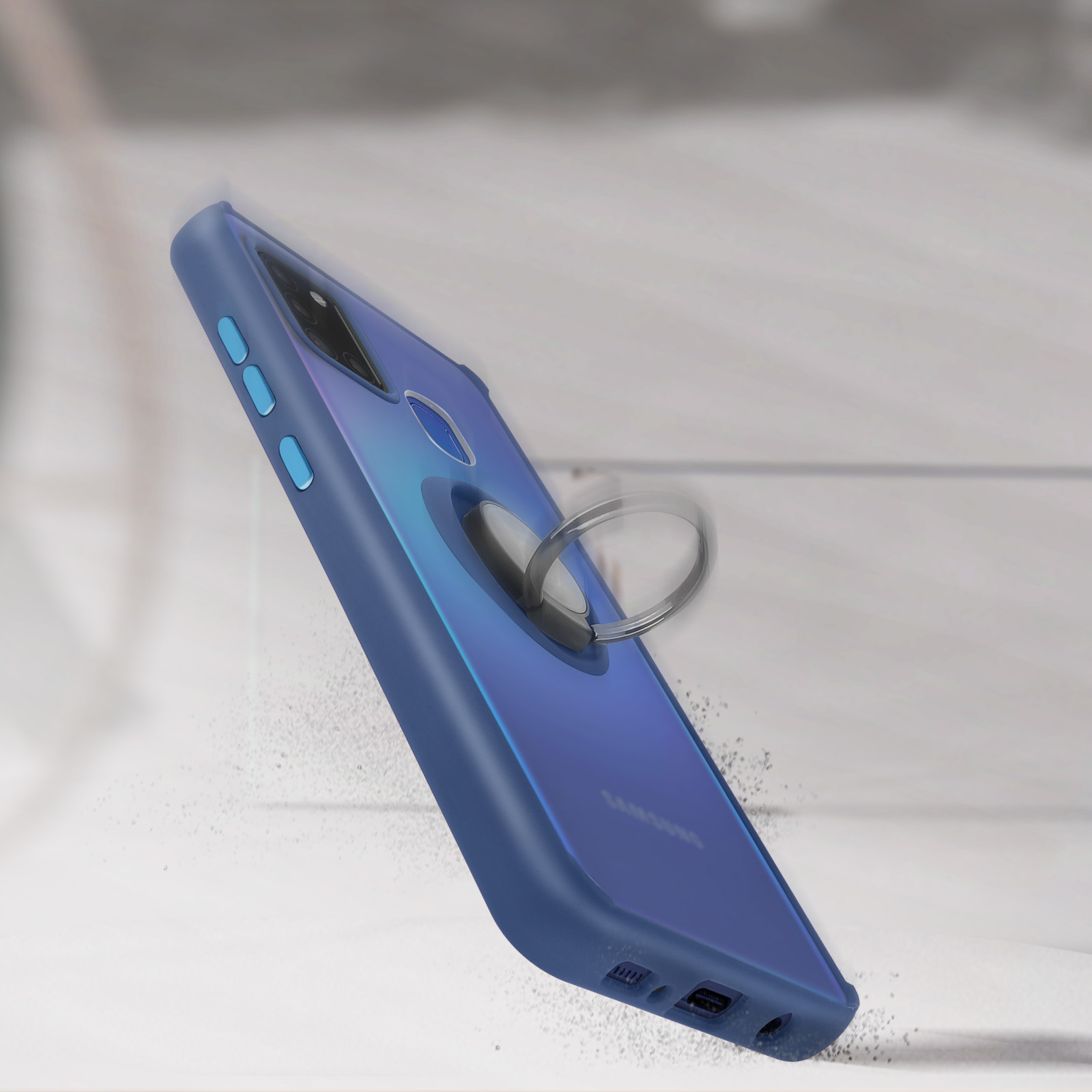 Une coque de téléphone bleue avec un support d'anneau, en angle, avec un fond clair, montrant l'arrière du téléphone.