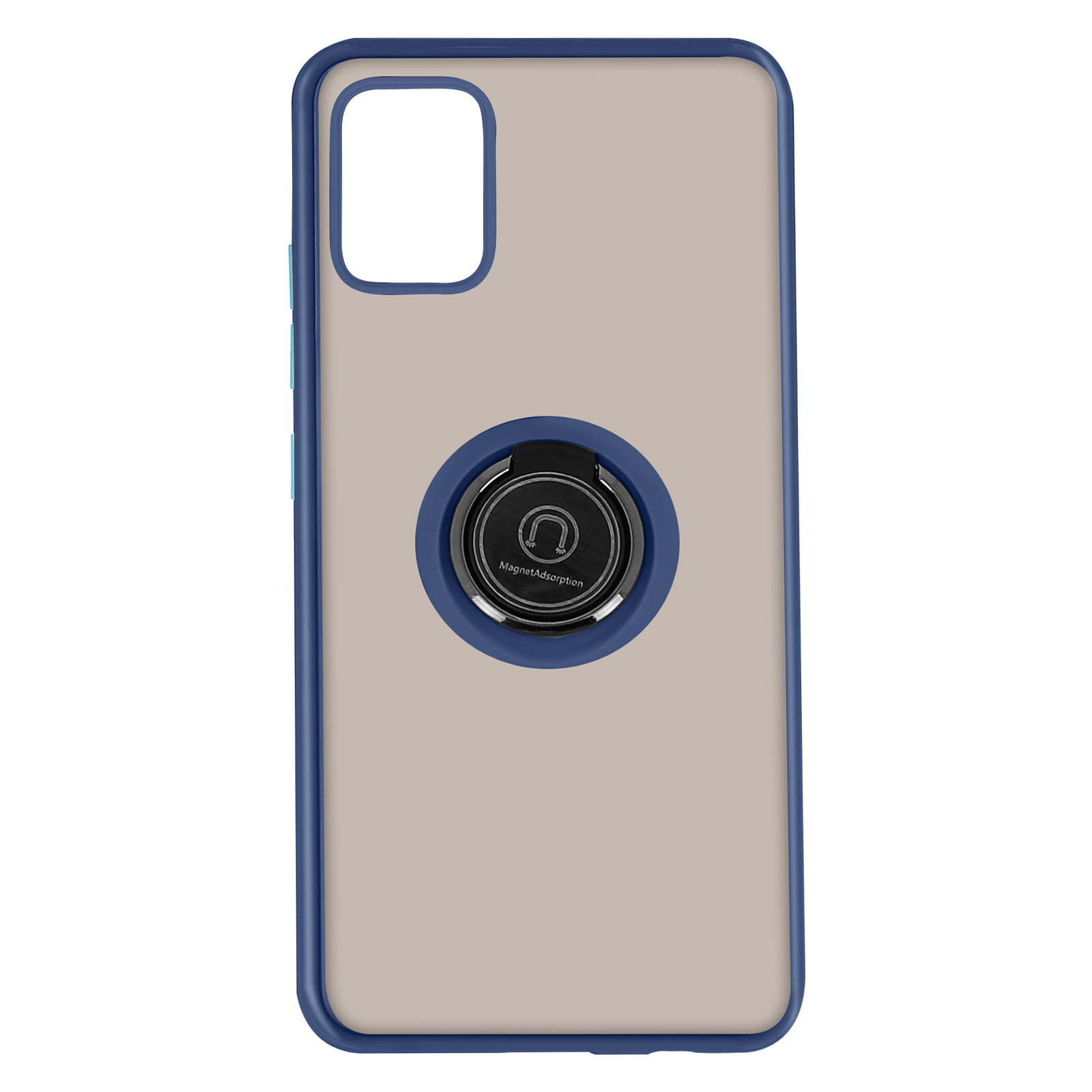 Coque de téléphone beige avec bord bleu. Anneau magnétique au dos, avec MagnetAdsorption écrit dessus.