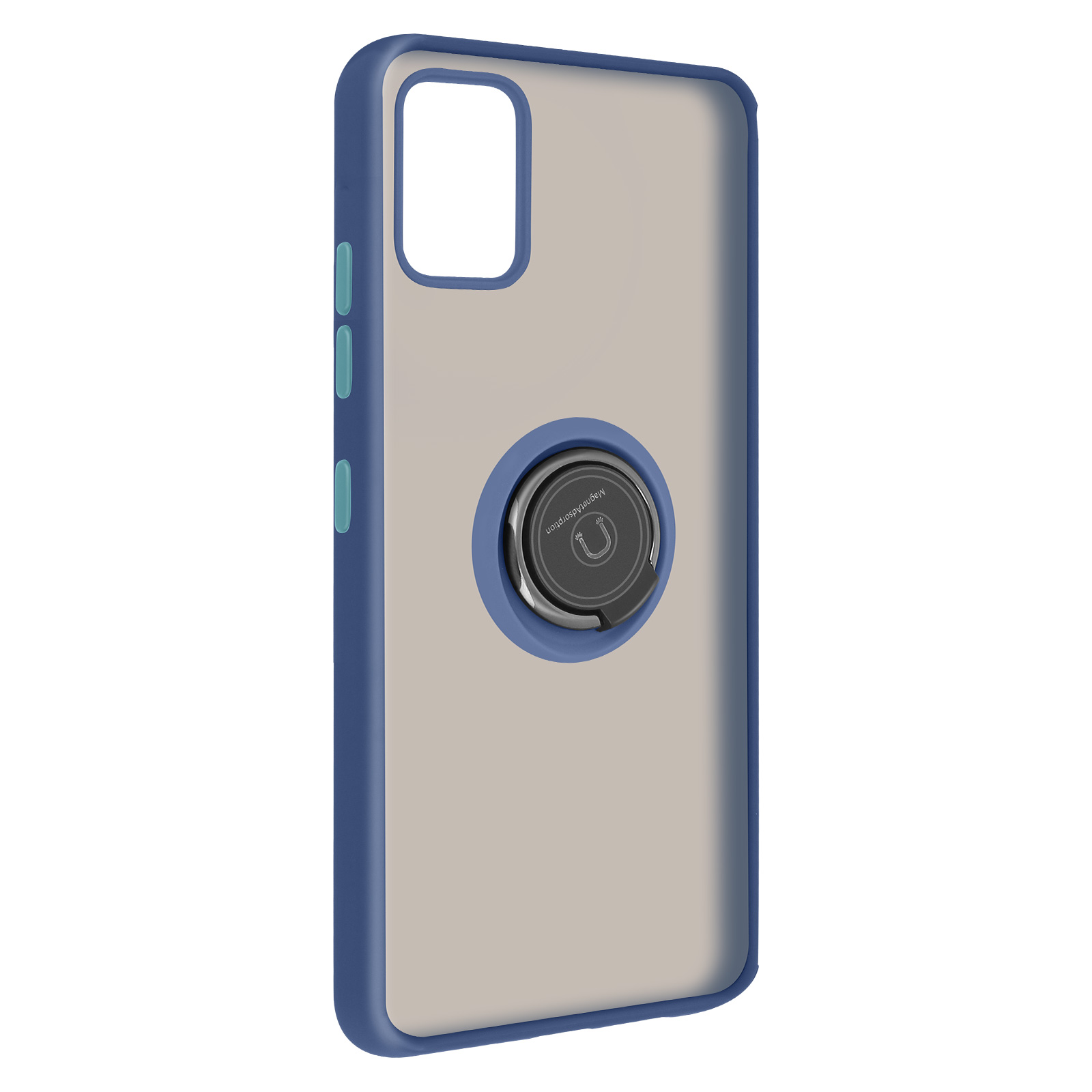 Blauwe en beige telefoonhoes met ringhouder. Scherm is leeg.