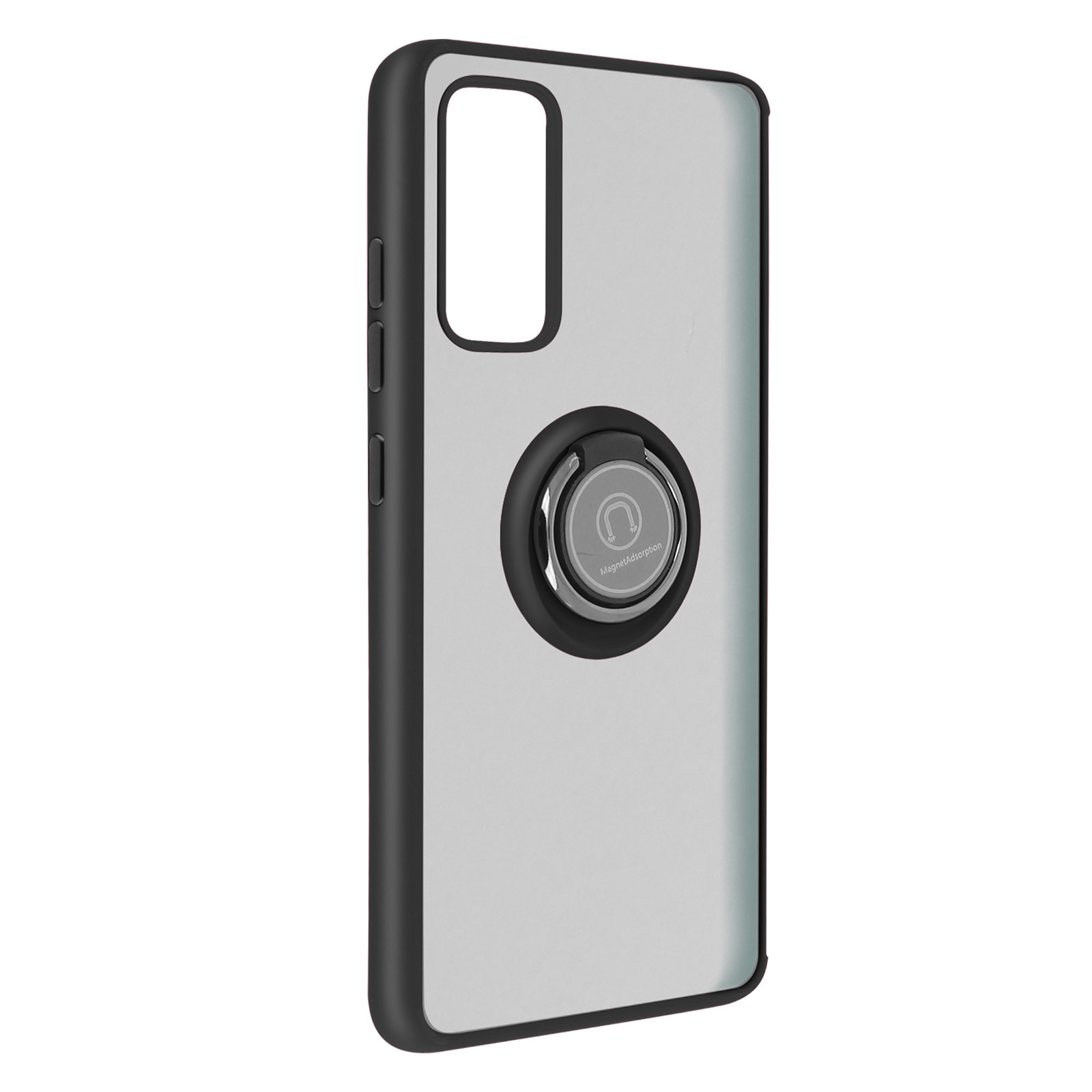 Zilveren telefoonhoesje met zwarte randen en een zwarte ringhouder.