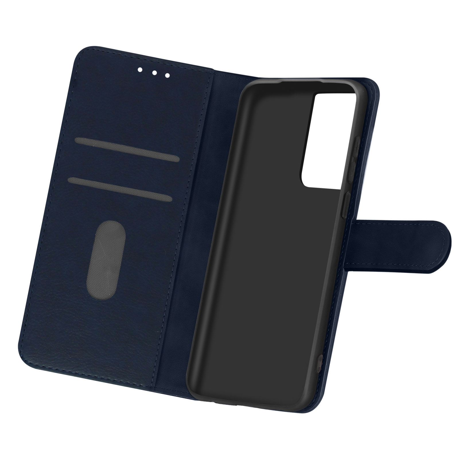 Una custodia blu per telefono che si apre come un libro. All'interno un telefono e fessure per carte. Sfondo bianco.