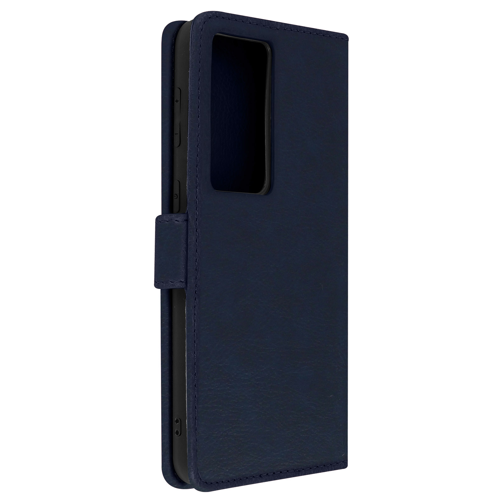 Una custodia blu per telefono, chiusa. La custodia è di colore blu scuro.