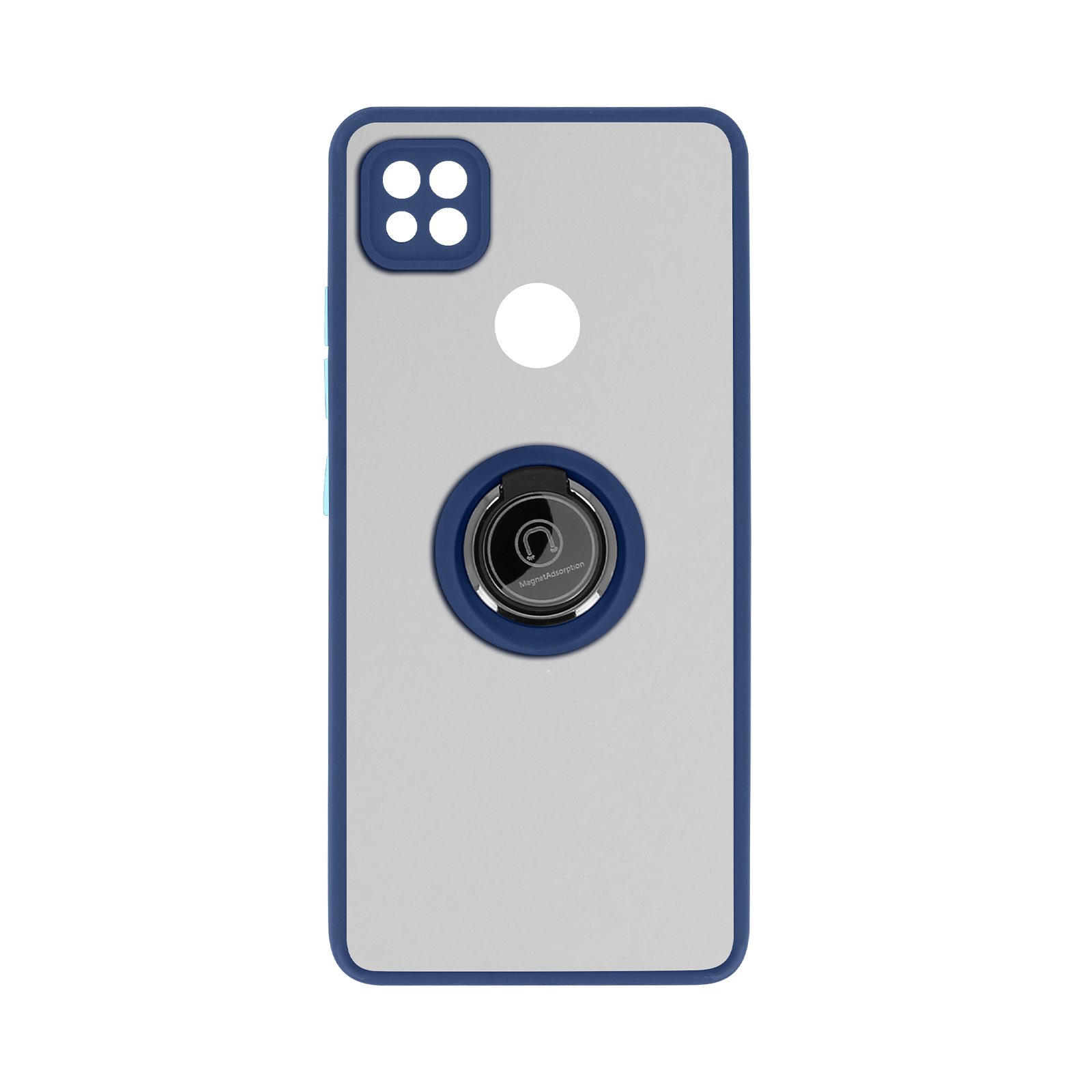 Coque de téléphone avec anneau de support, deux angles. La coque est blanche et bleue. Anneau à l'arrière.