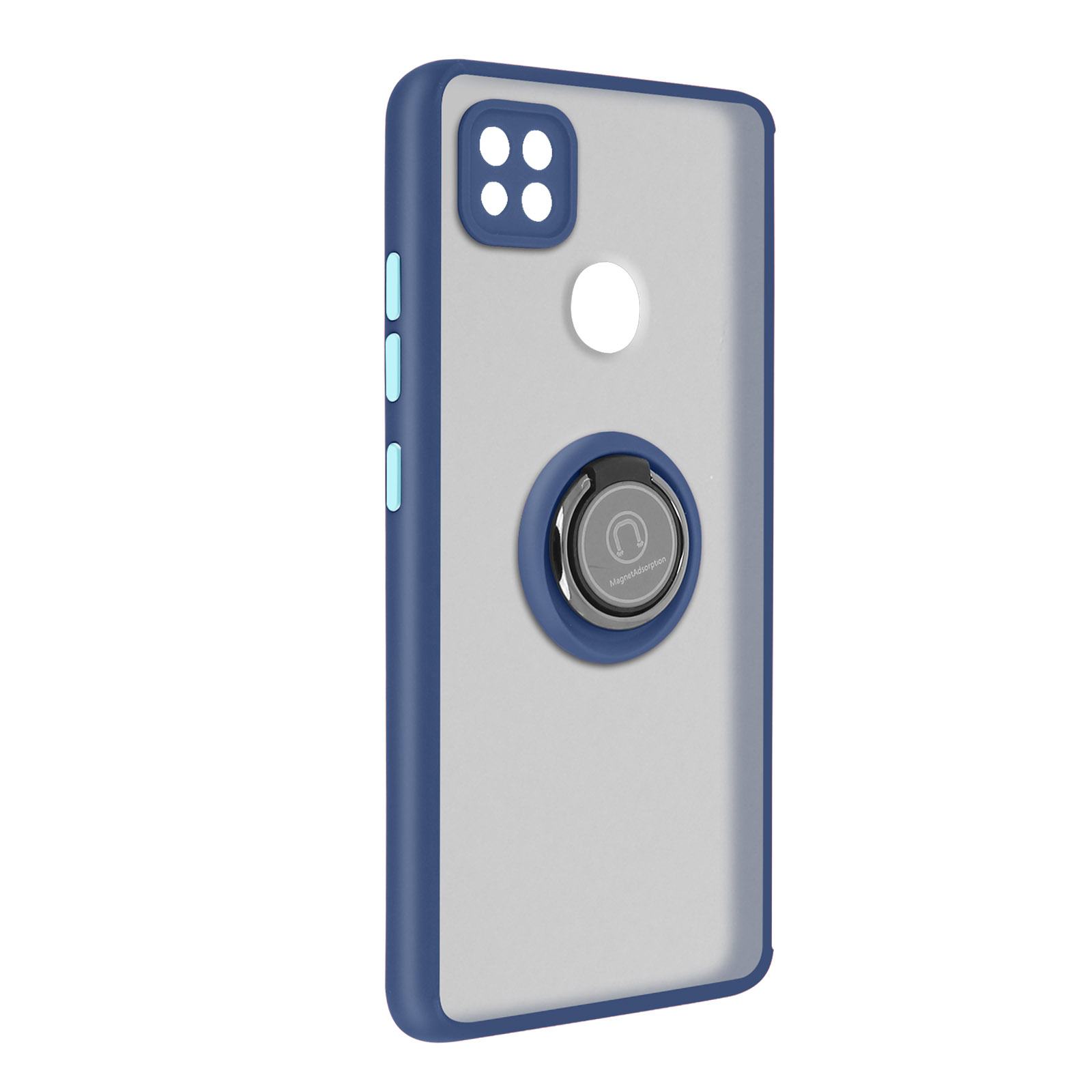 Coque de téléphone avec support d'anneau. Design bleu et gris. Le support d'anneau est argenté.