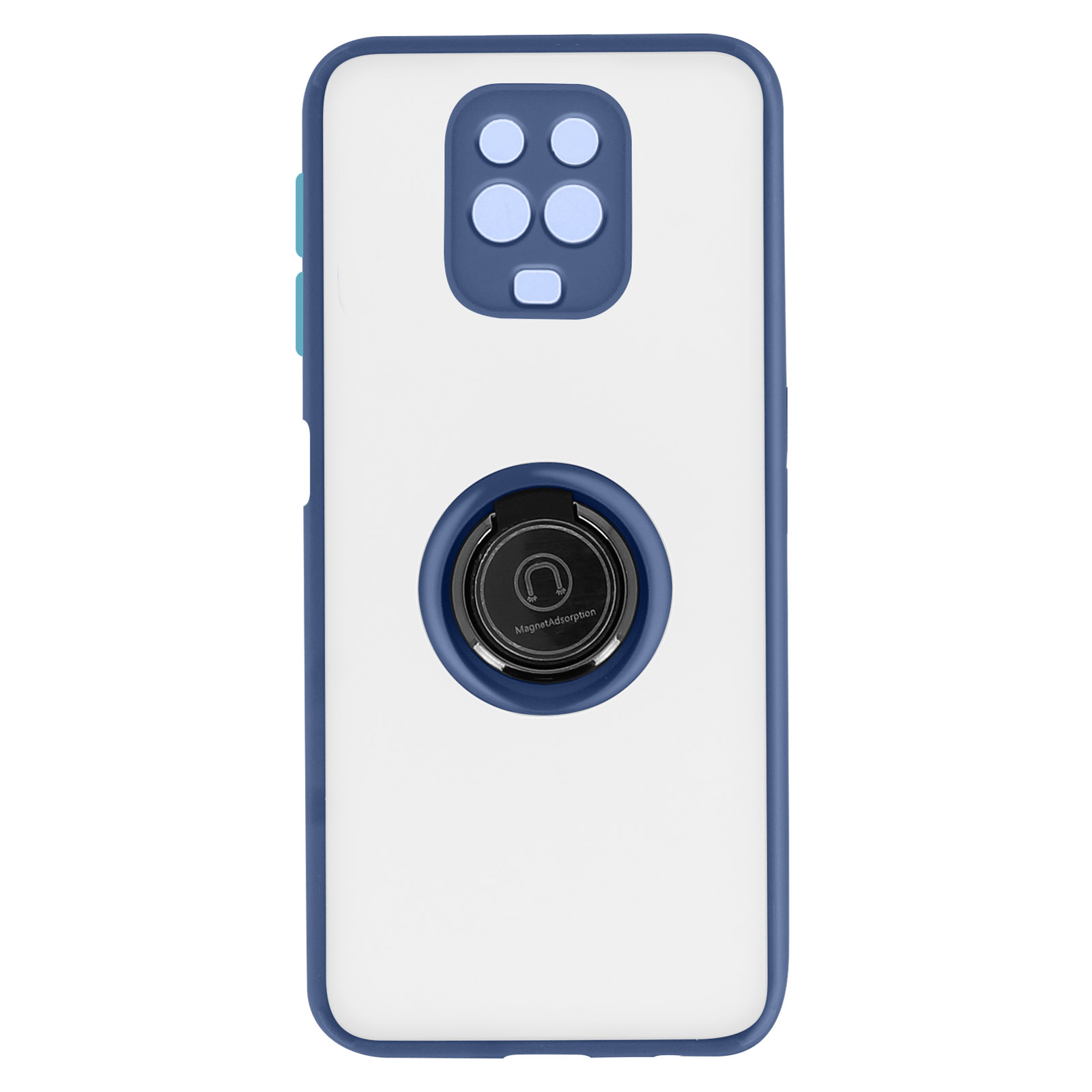 Une coque de téléphone blanche avec un bord bleu. Elle a un support de bague et une découpe caméra.