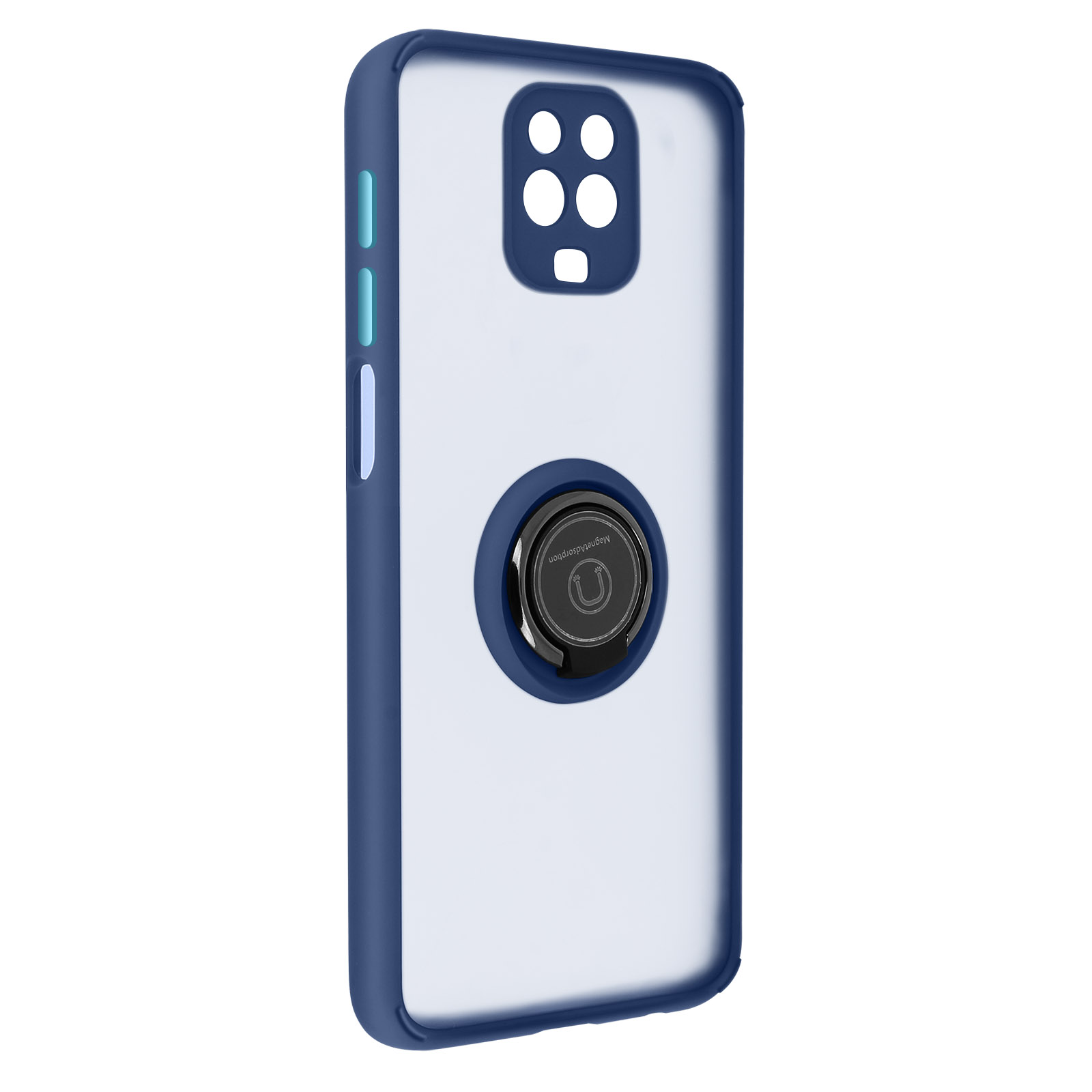 Coque de téléphone bleue avec un anneau argenté. La coque est transparente au dos, avec un fond blanc.