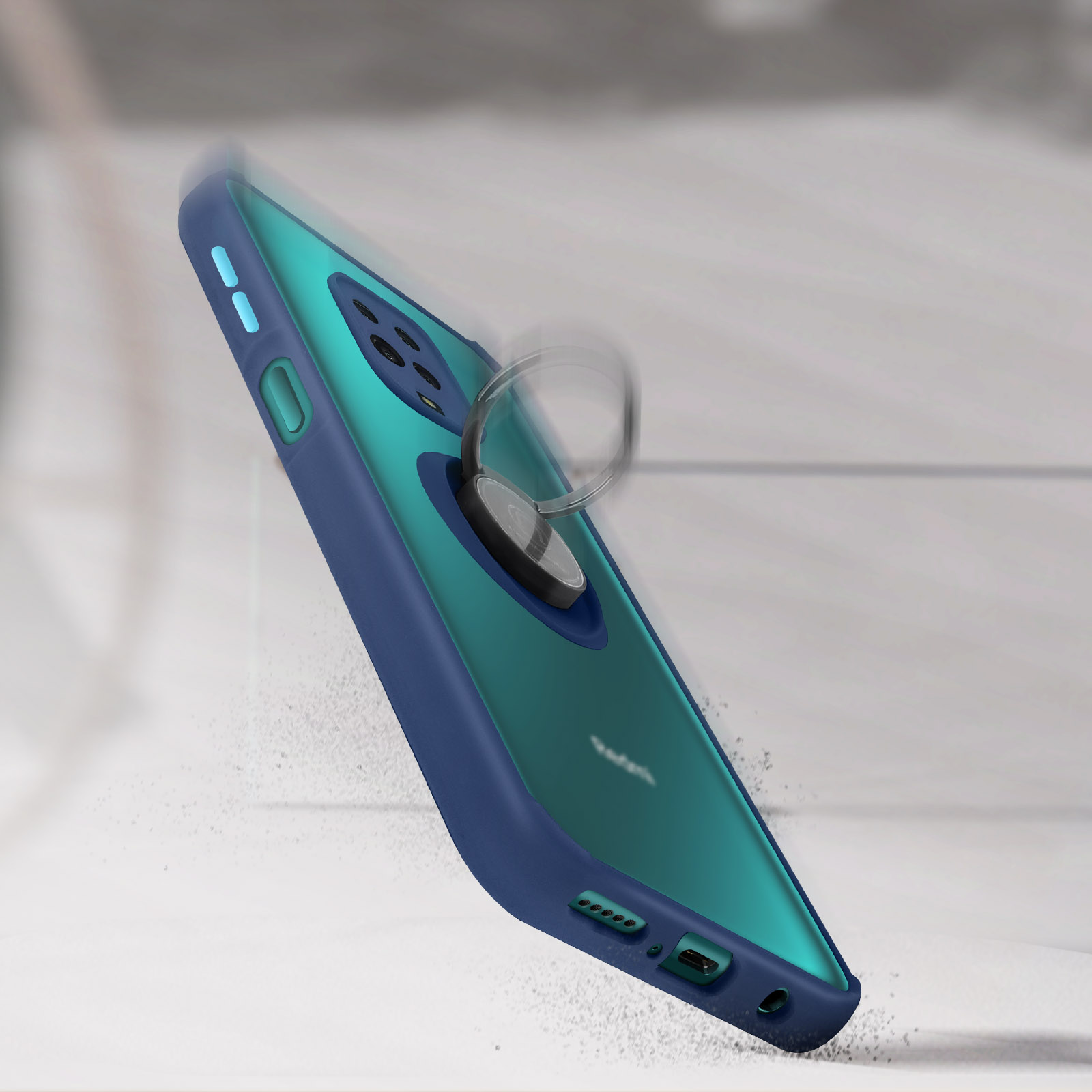 Coque de téléphone bleue et verte avec support anneau, sur surface poussiéreuse.