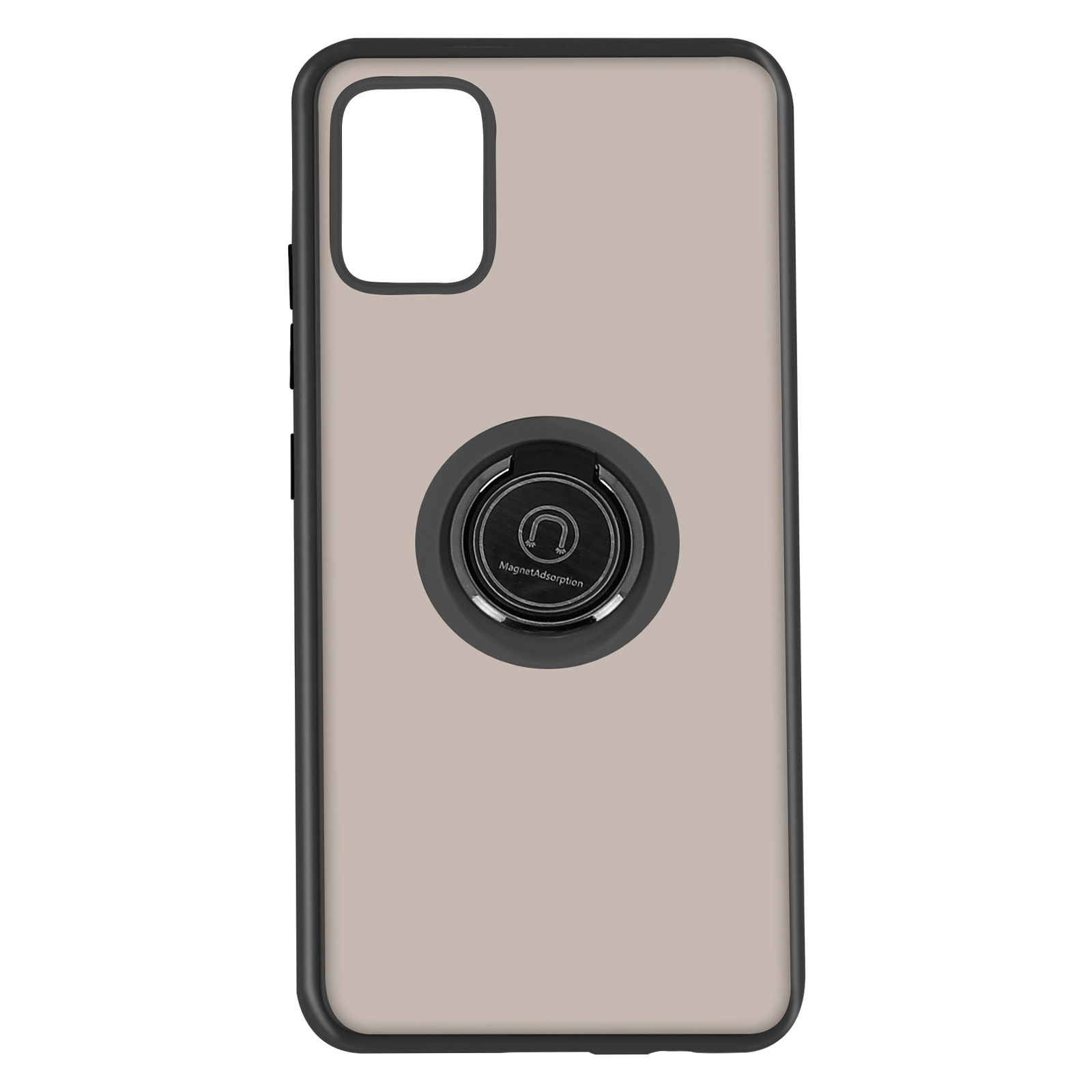 Beige telefoonhoesje met een zwarte ringhouder op de achterkant. Zwart camerakader. Witte achtergrond.