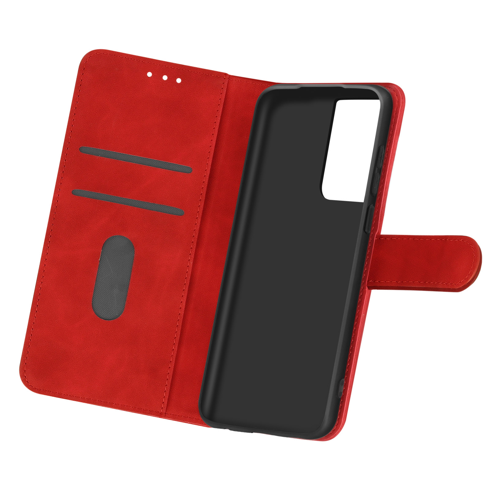 Custodia per telefono rossa, aperta, che mostra il telefono. La custodia ha uno slot per una carta.