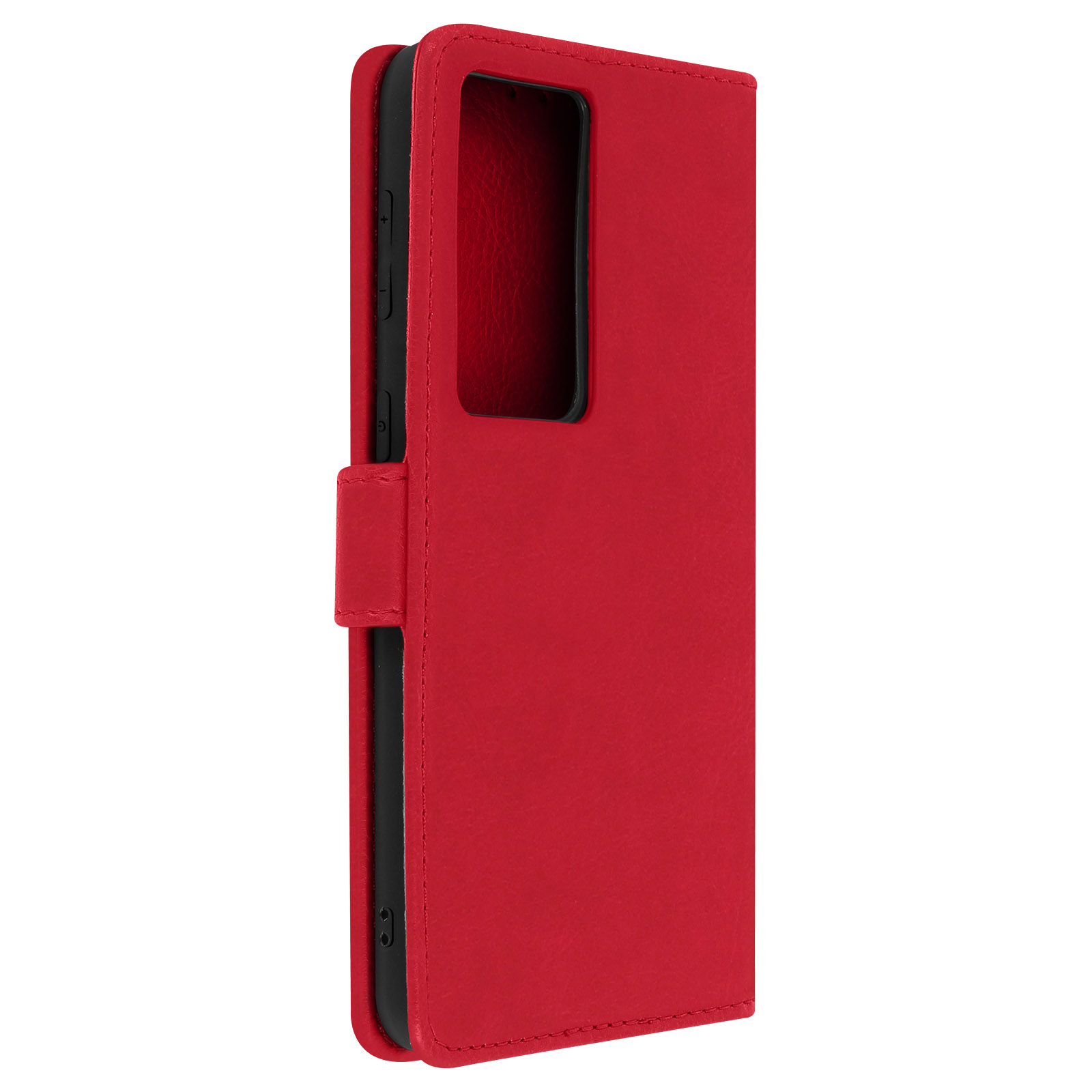 Una custodia rossa per telefono, aperta. La custodia è in stile portafoglio.