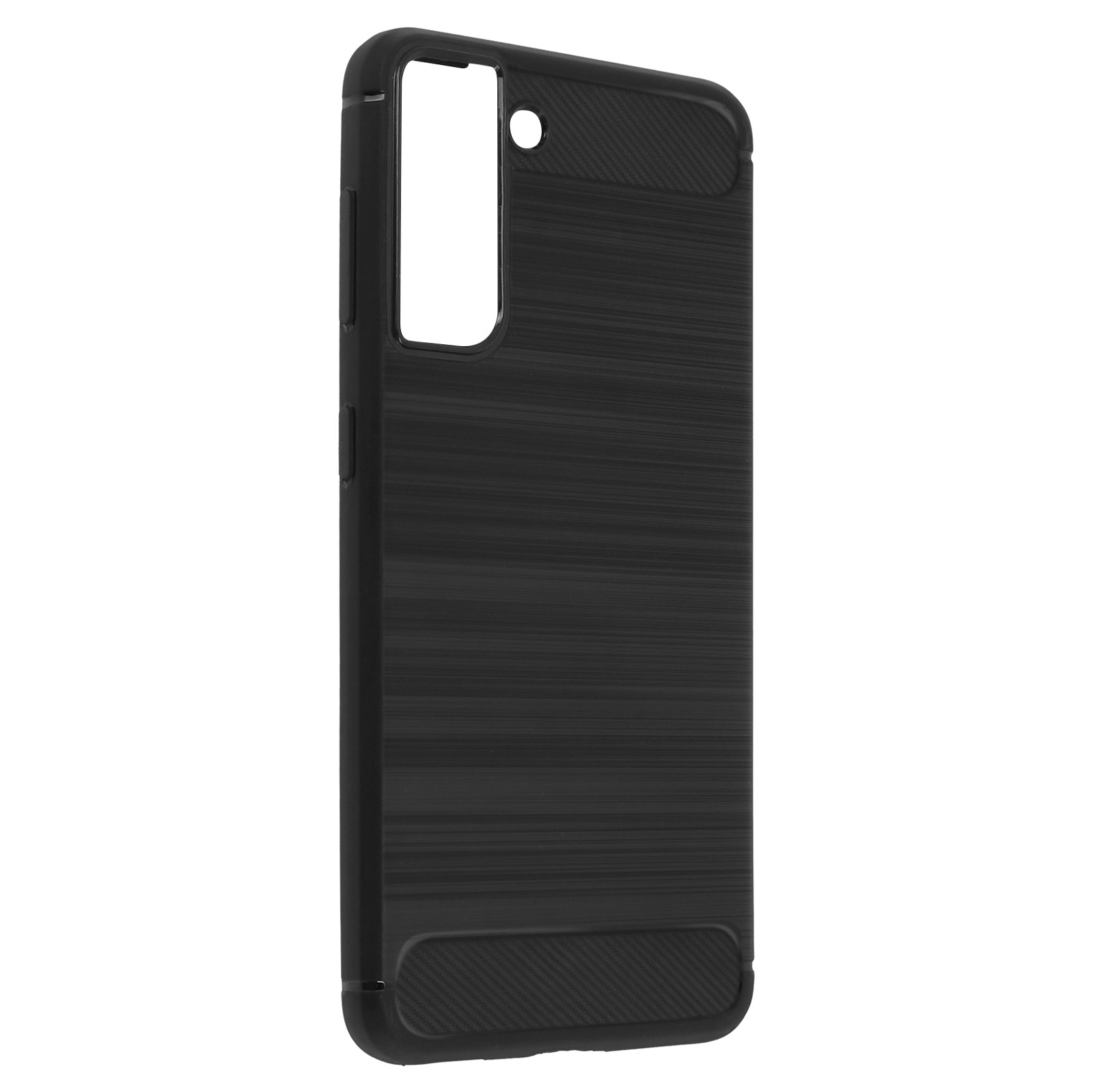 Custodia nera per telefono, superficie strutturata. La custodia ha un foro per la fotocamera.