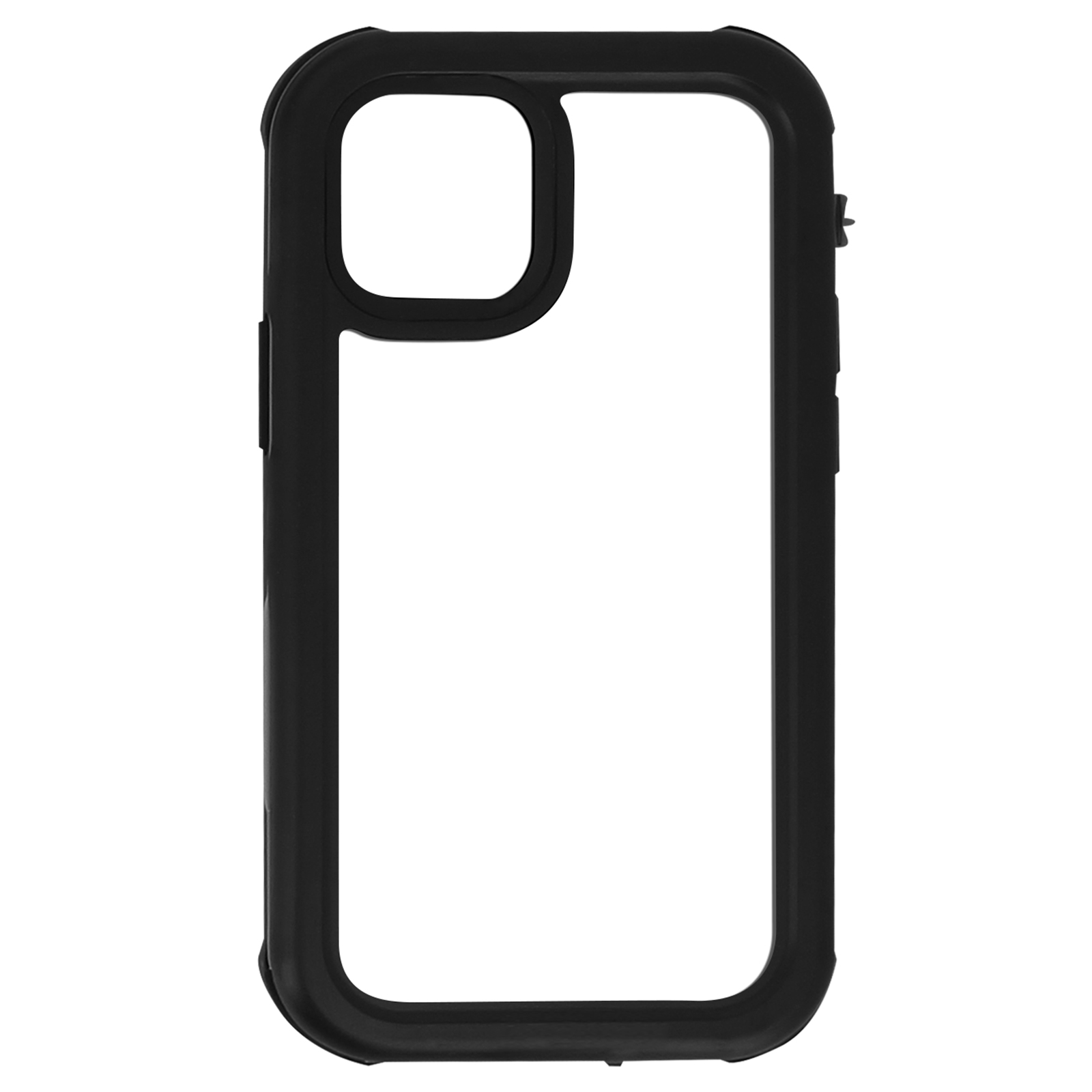 Custodia nera per telefono, design a telaio aperto con ritaglio per fotocamera. Interno trasparente, sfondo bianco.