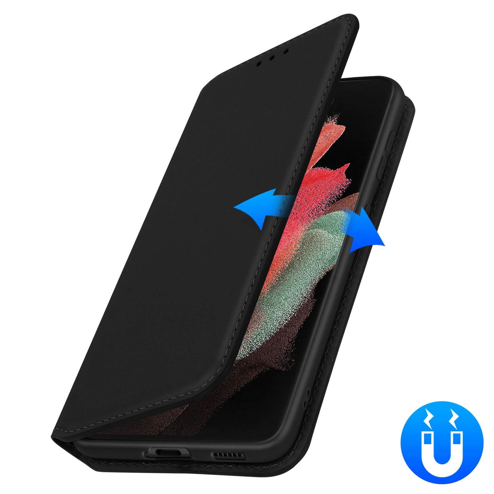 Zwarte telefoonhoes gaat open. Blauwe pijlen geven opening aan. Telefoon en hoes zijn zwart. Magnetisch symbool.