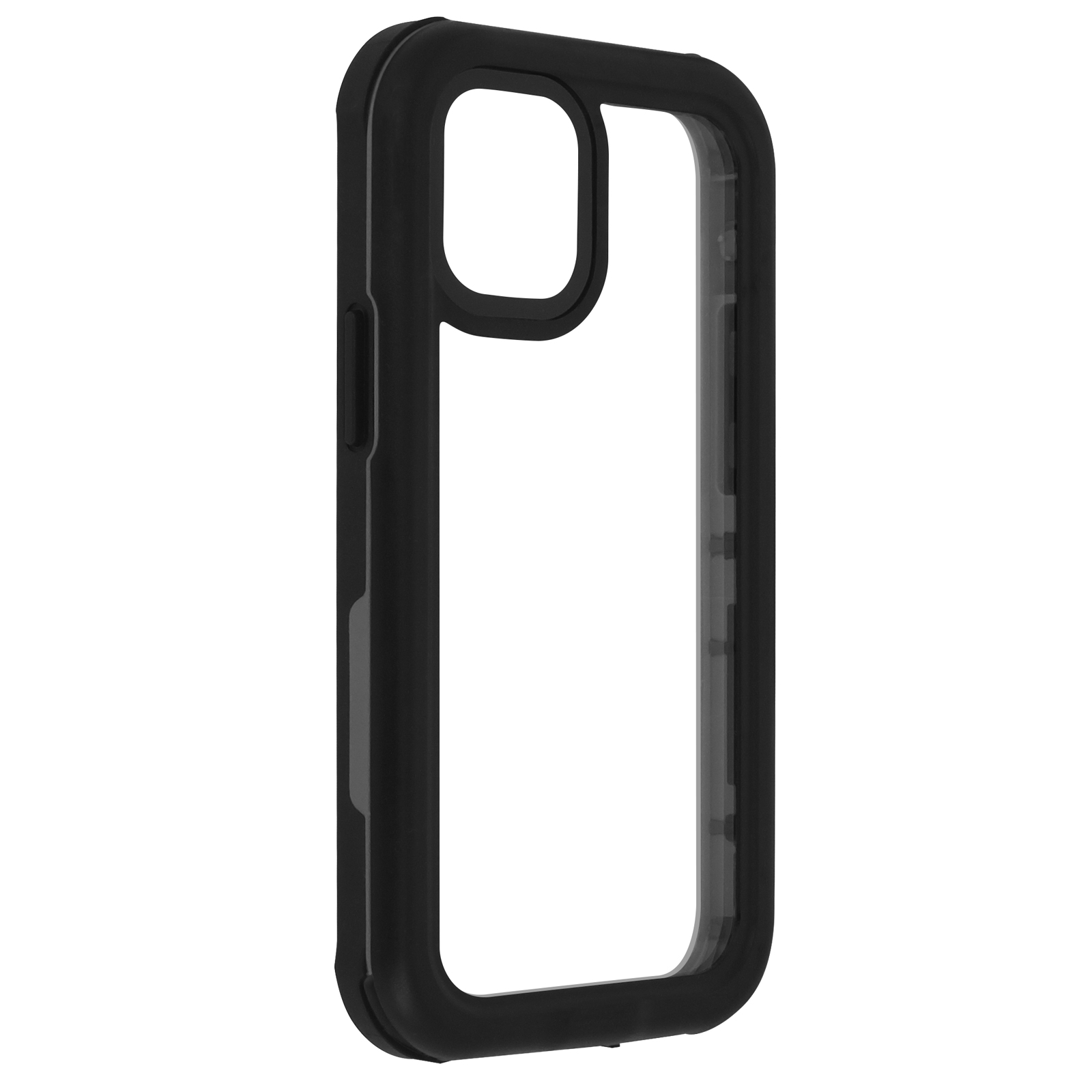 Custodia per telefono nera con retro trasparente. Cornice nera. Sfondo bianco.