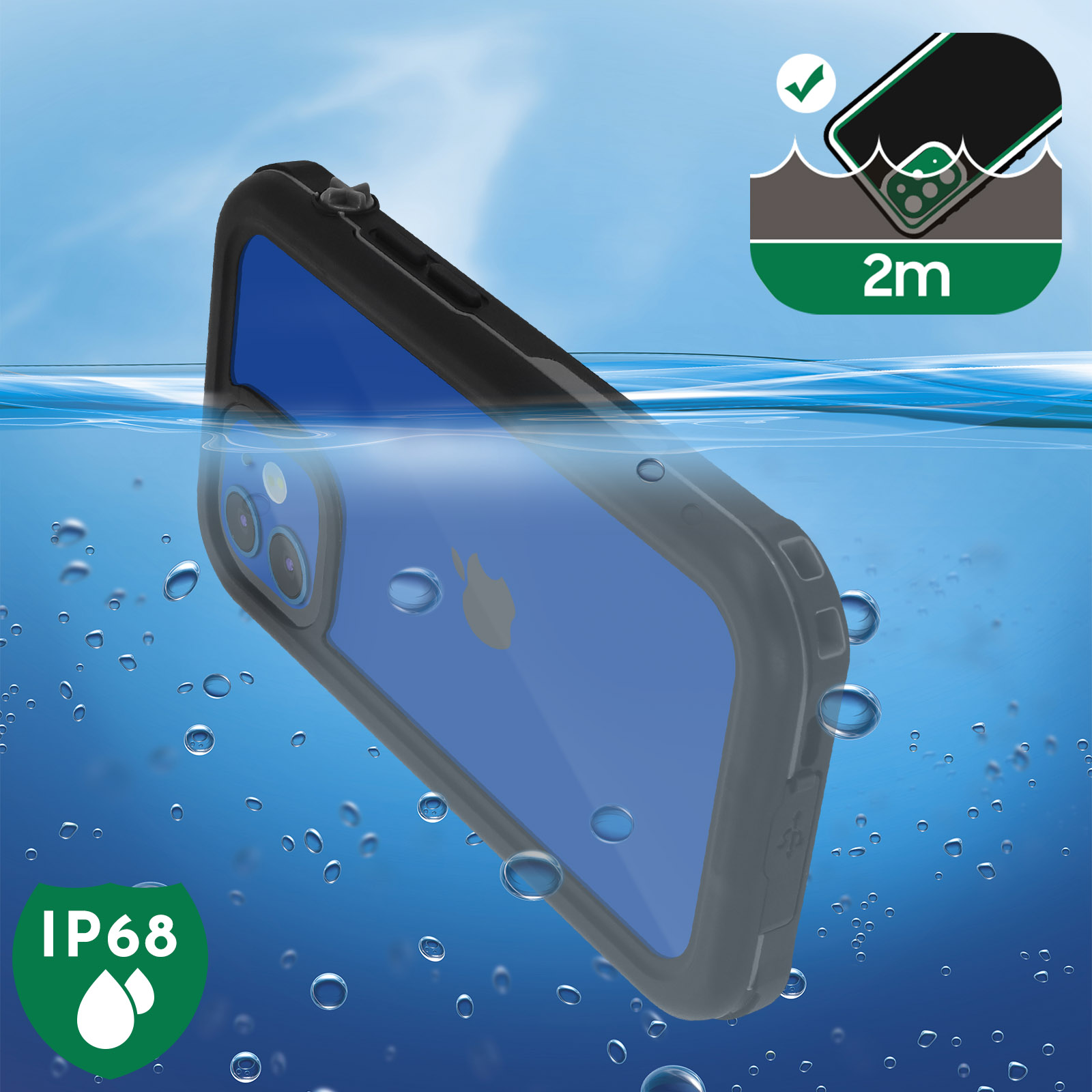Custodia del telefono in acqua con bolle. IP68 e icona di profondità 2m visibili.