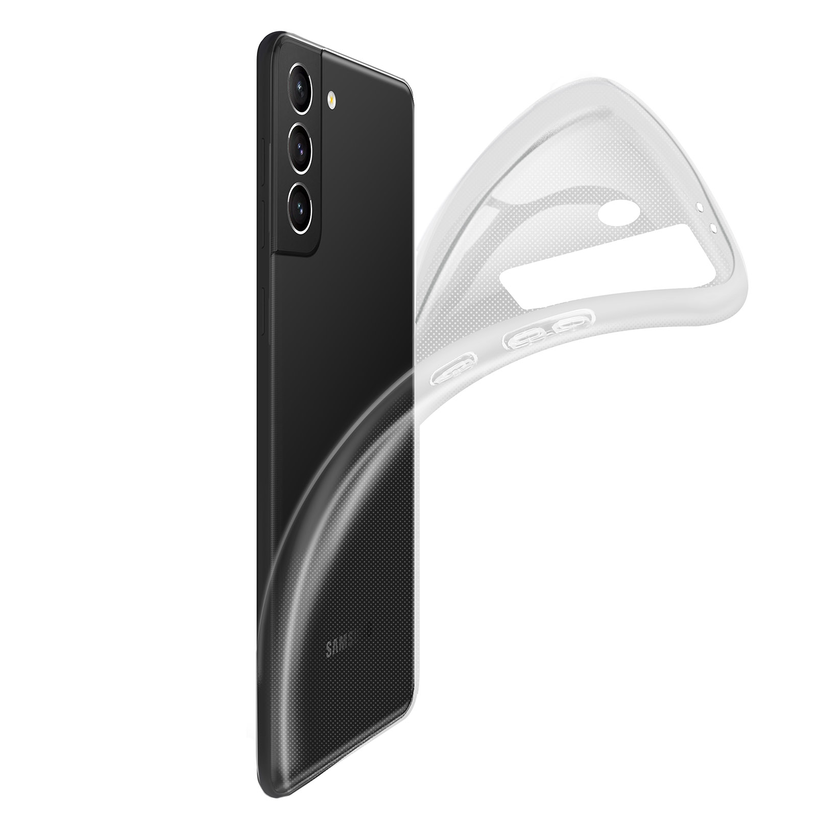 Telefono nero in una custodia trasparente, con trama a pois, su sfondo bianco.