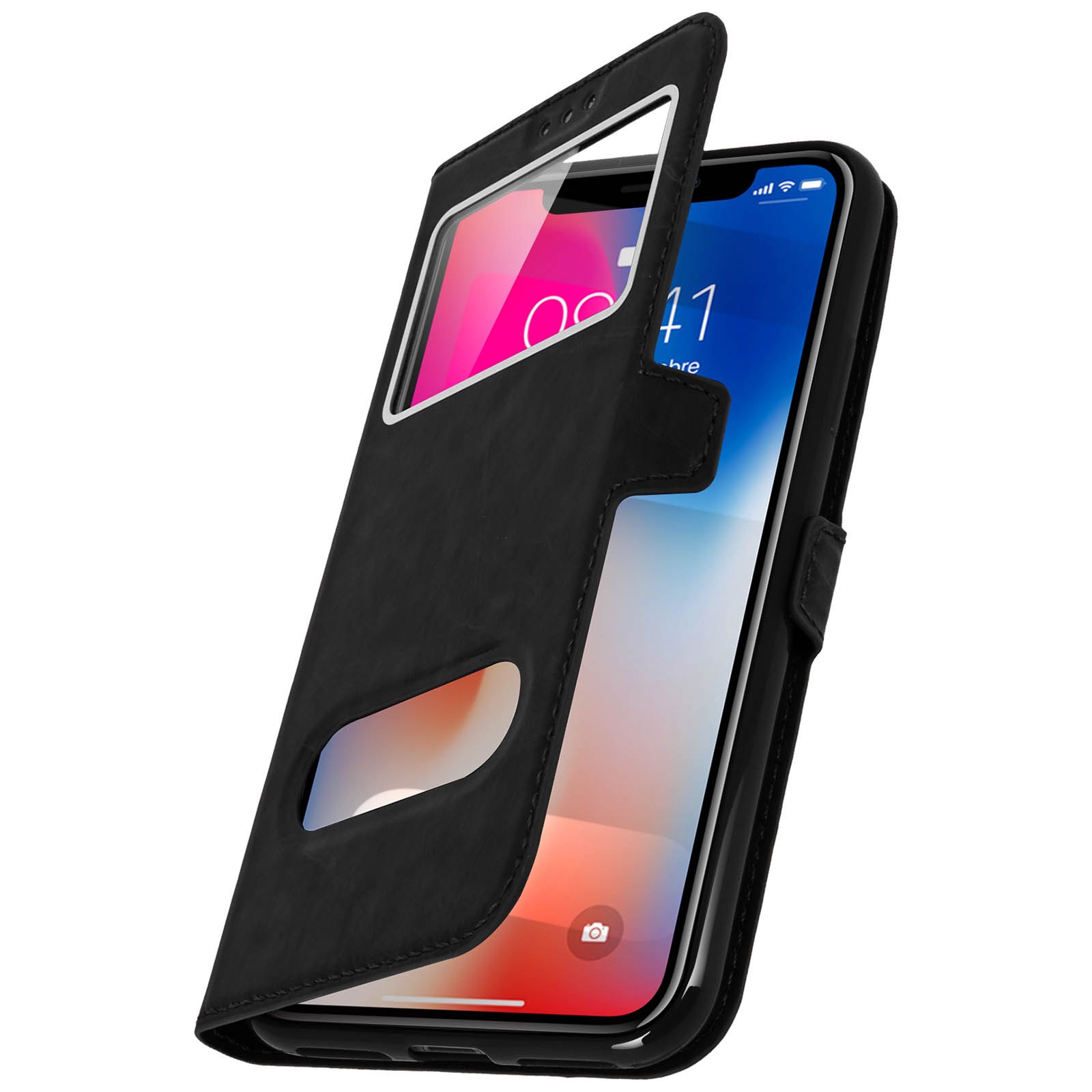 Custodia nera con telefono dentro. Il coperchio è aperto, mostrando lo schermo.