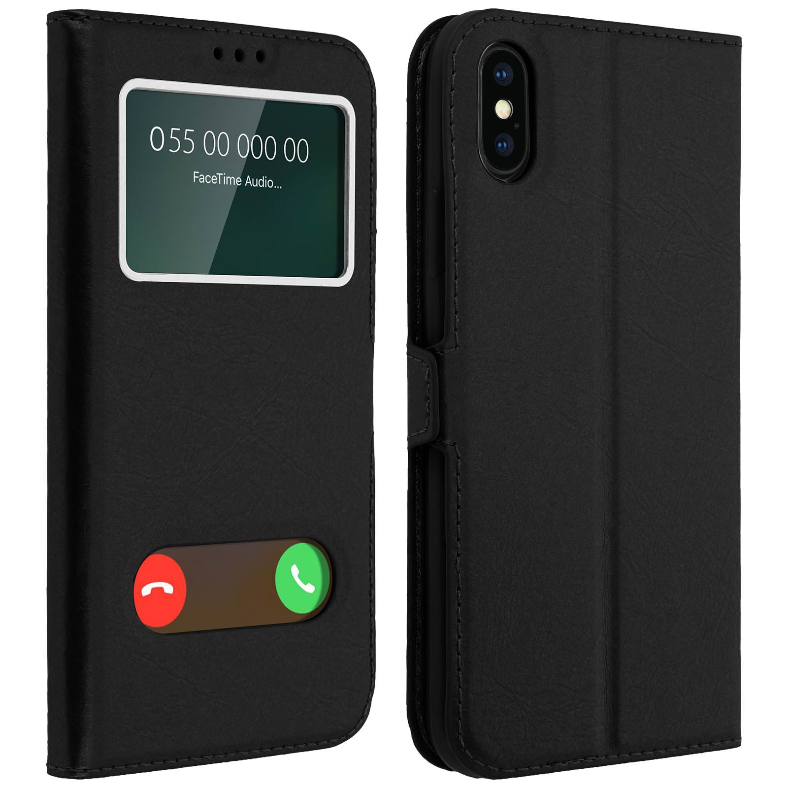 Una custodia nera per telefono che mostra una schermata di chiamata, con l'opzione di accettare o rifiutare.