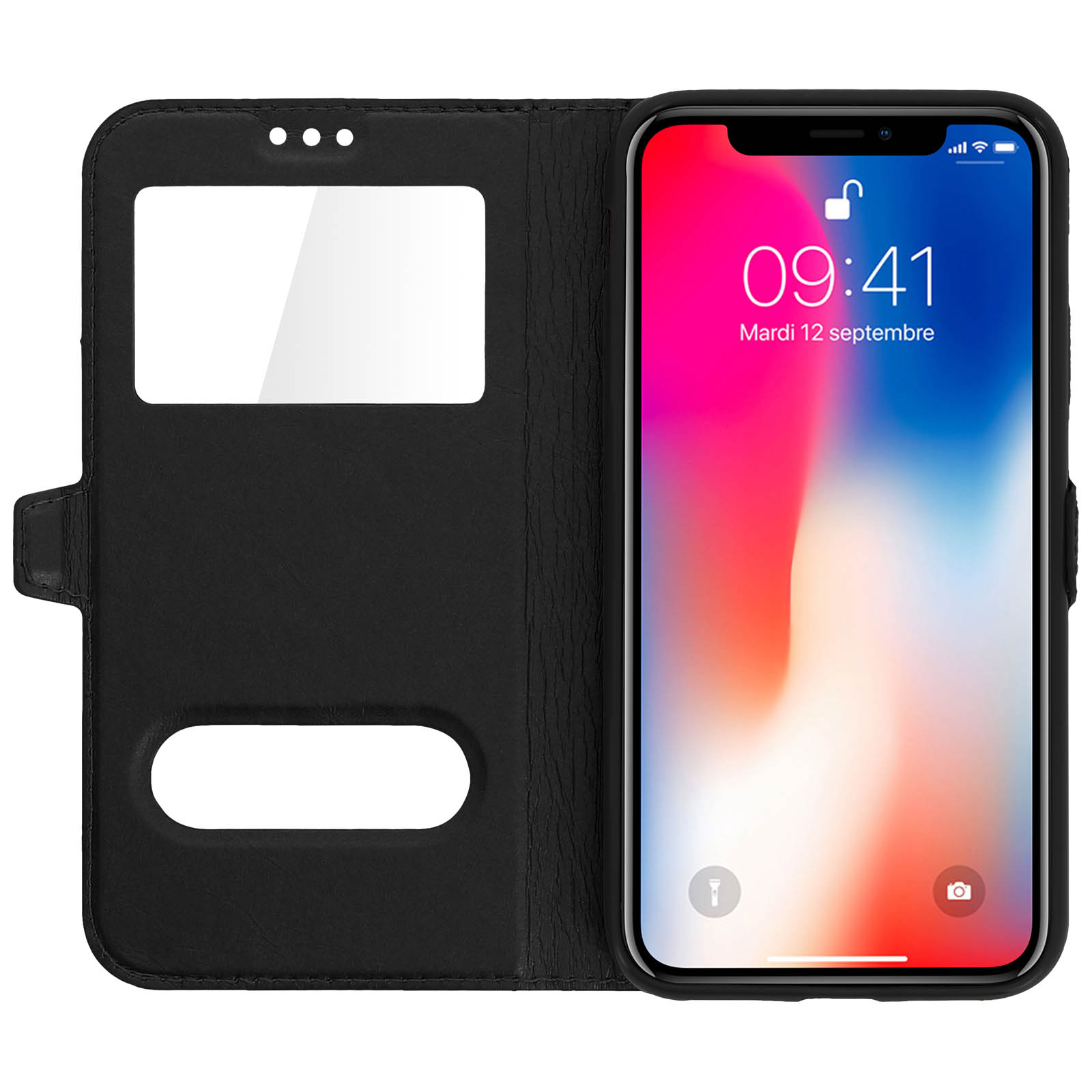 Custodia nera per telefono, aperta, che mostra lo schermo del telefono. Ora 09:41. Custodia in pelle.