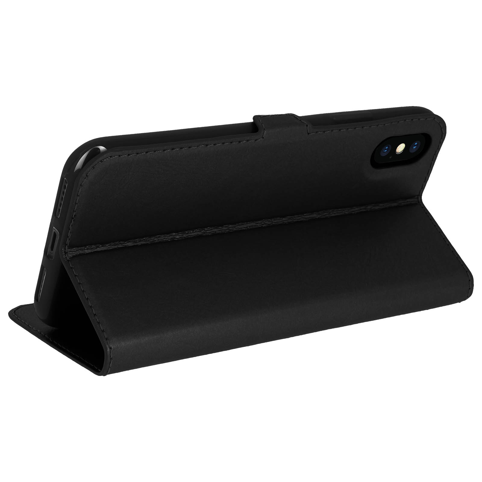 Custodia nera per telefono aperta. La custodia è realizzata in materiale nero e contiene un telefono.