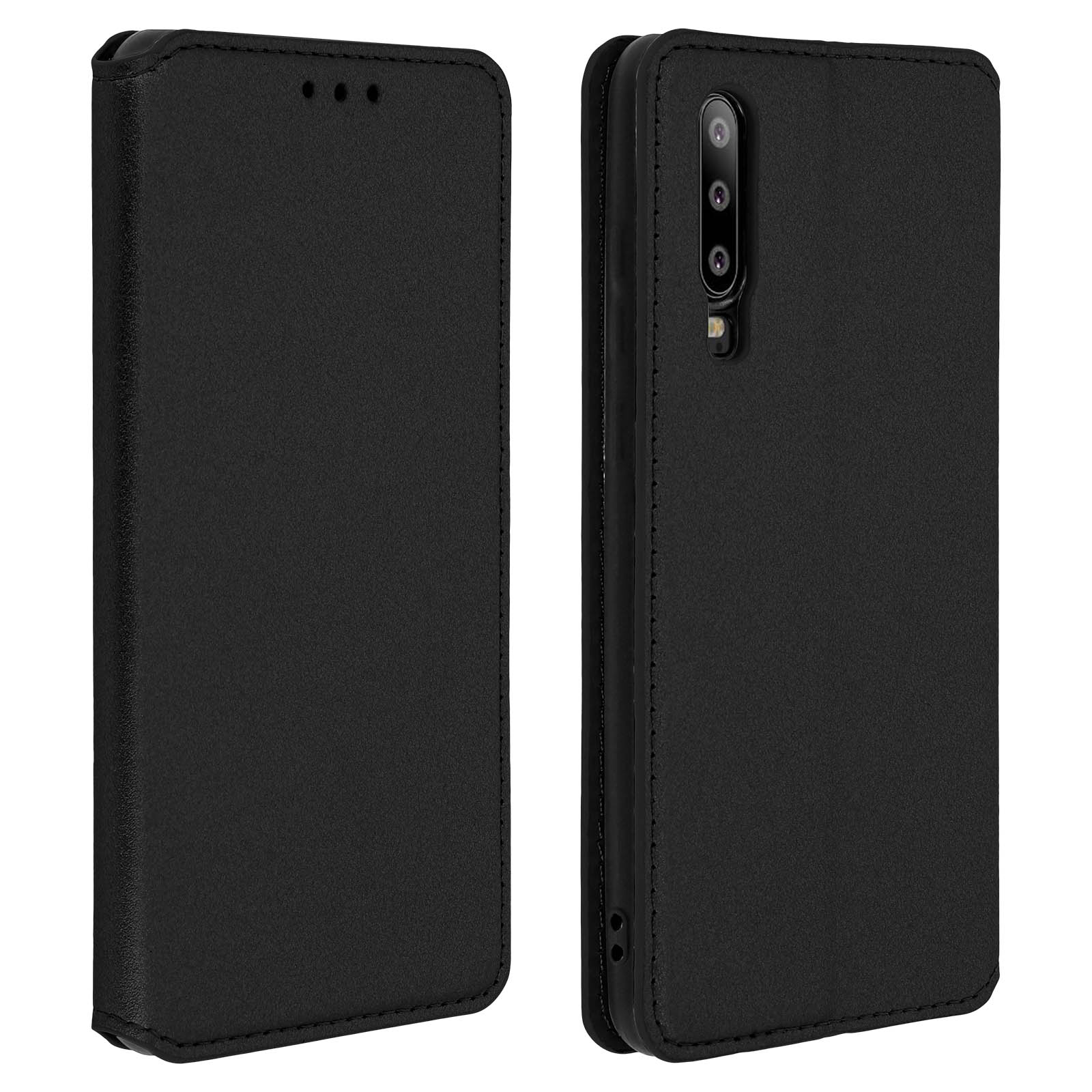 Una custodia nera per telefono chiusa. Aperta sul lato destro. Ha una tripla fotocamera e un'apertura per il flash.