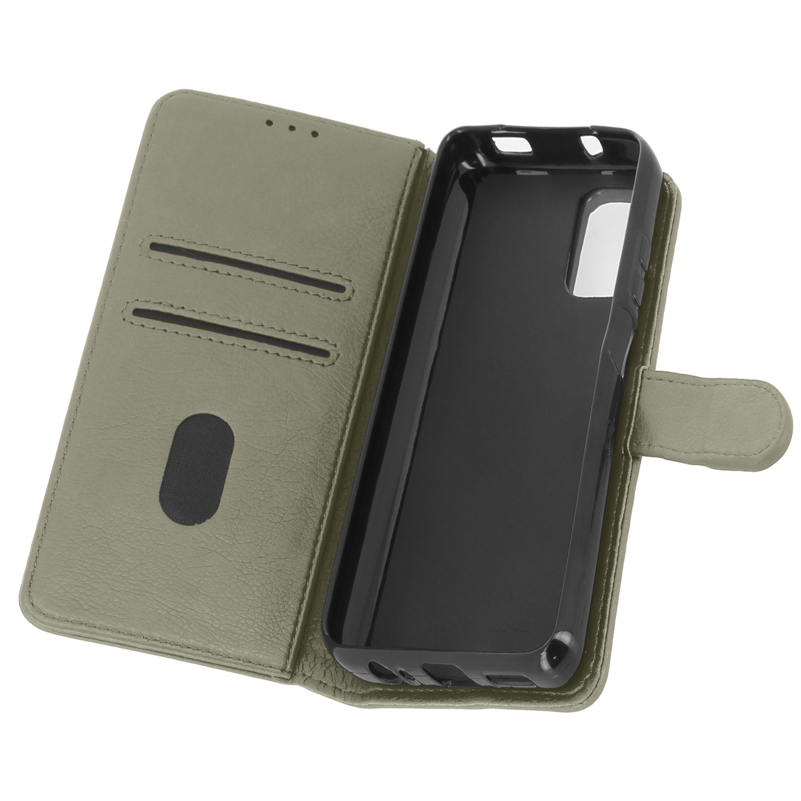 Una custodia per telefono, verde oliva, aperta, che mostra il telefono all'interno. Ha anche slot per carte.