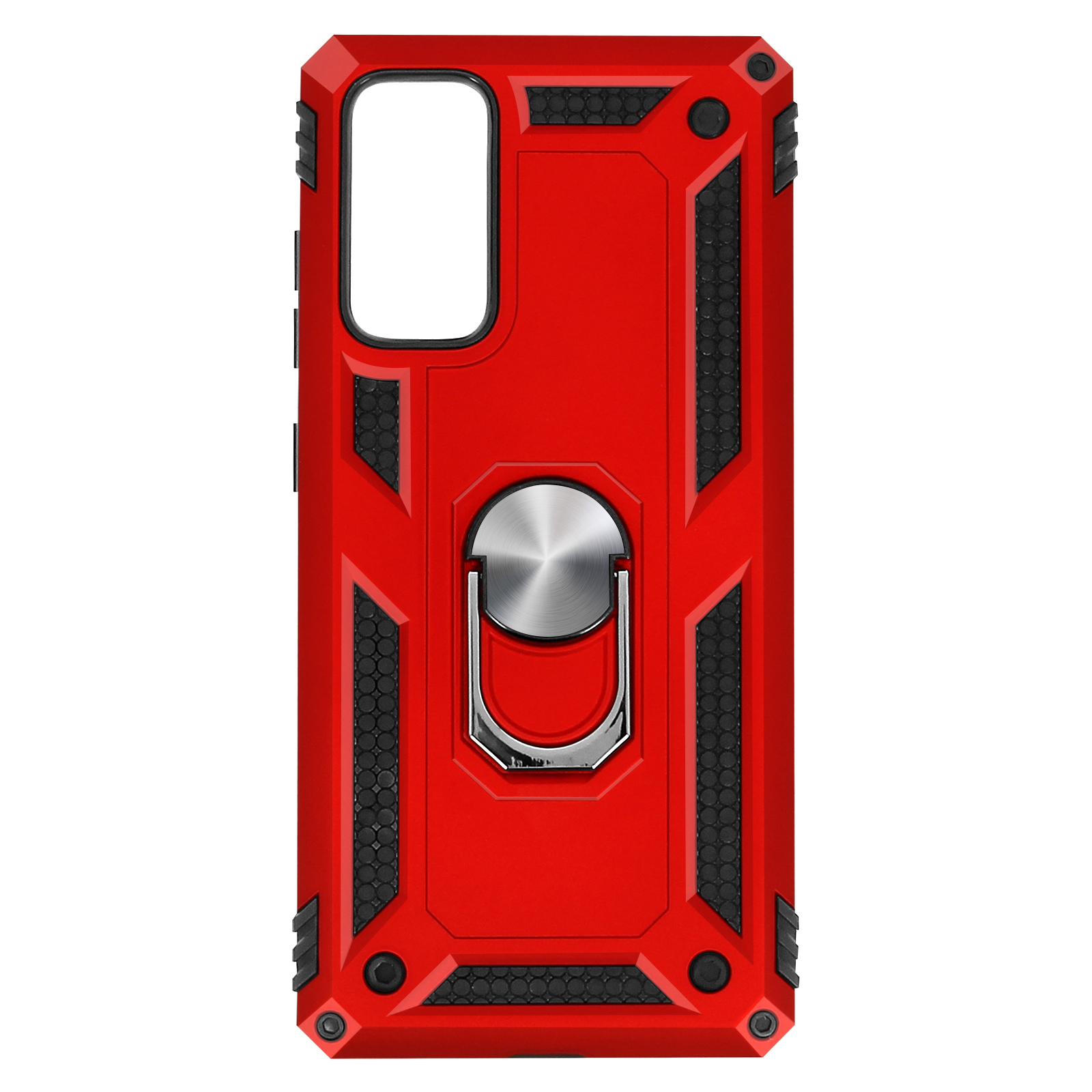 Een rode telefoonhoes met een ringhouder en een gestructureerde achterkant. De hoes wordt getoond op een witte achtergrond.