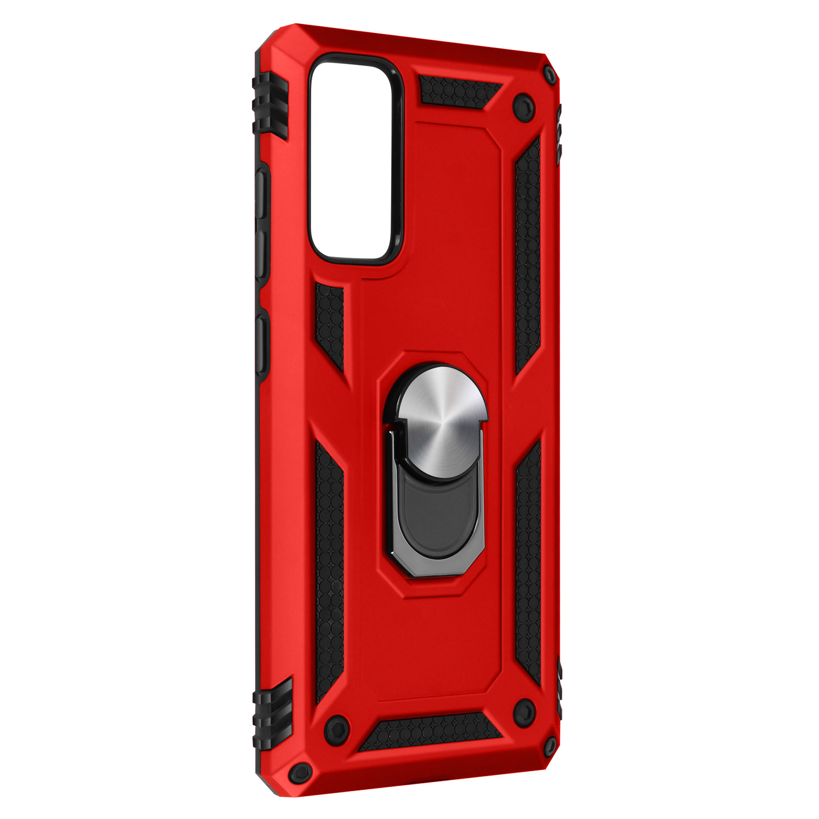 Een rode telefoonhoes met zwarte accenten. Een zilveren ring zit op de achterkant. De hoes heeft een robuust ontwerp.