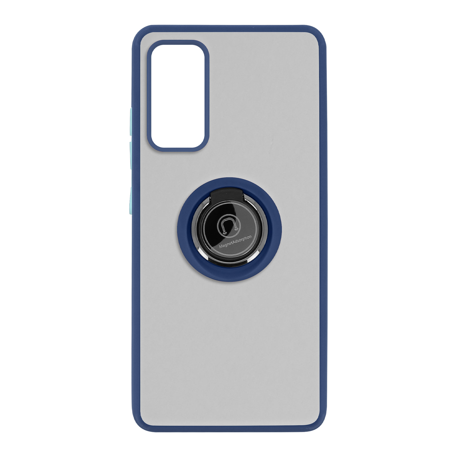 Grijze telefoonhoes, blauwe rand, ringhouder, camera uitsparing.