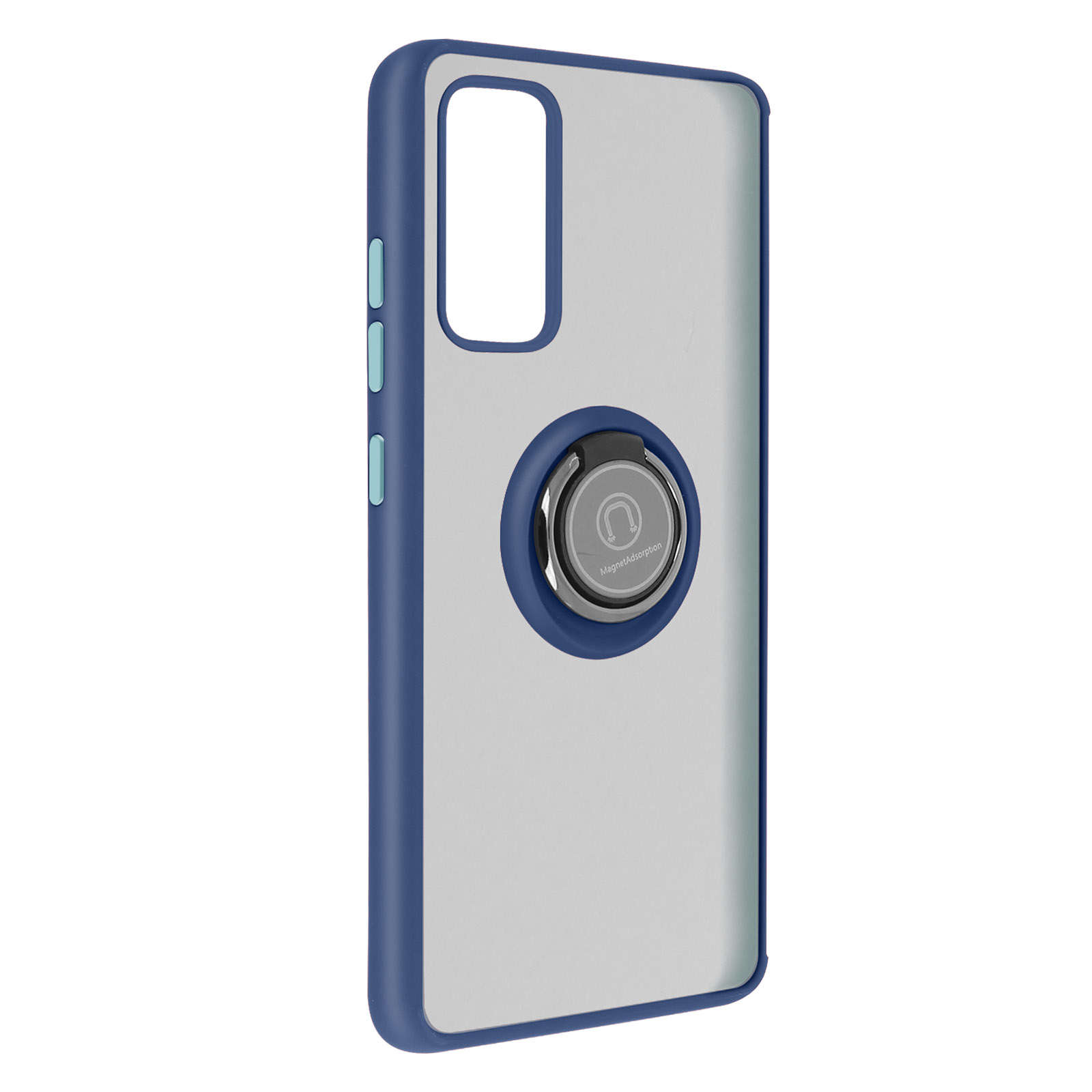 Blauw telefoonhoesje met een zilveren ringhouder. De hoes heeft een witte achterkant en blauwe randen.