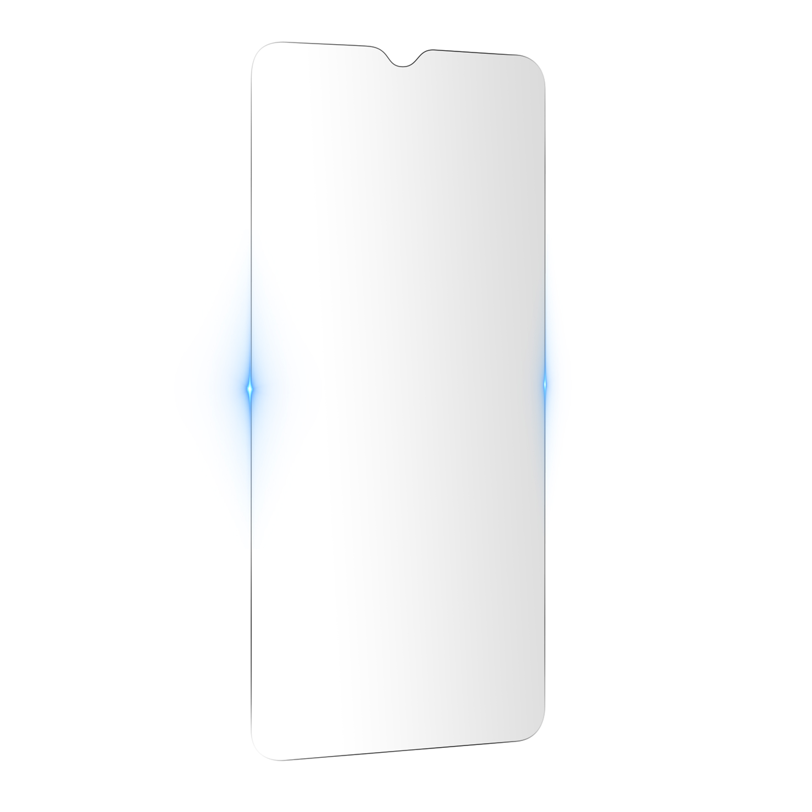 Proteggi schermo trasparente con bordi blu luminosi. Sfondo bianco.