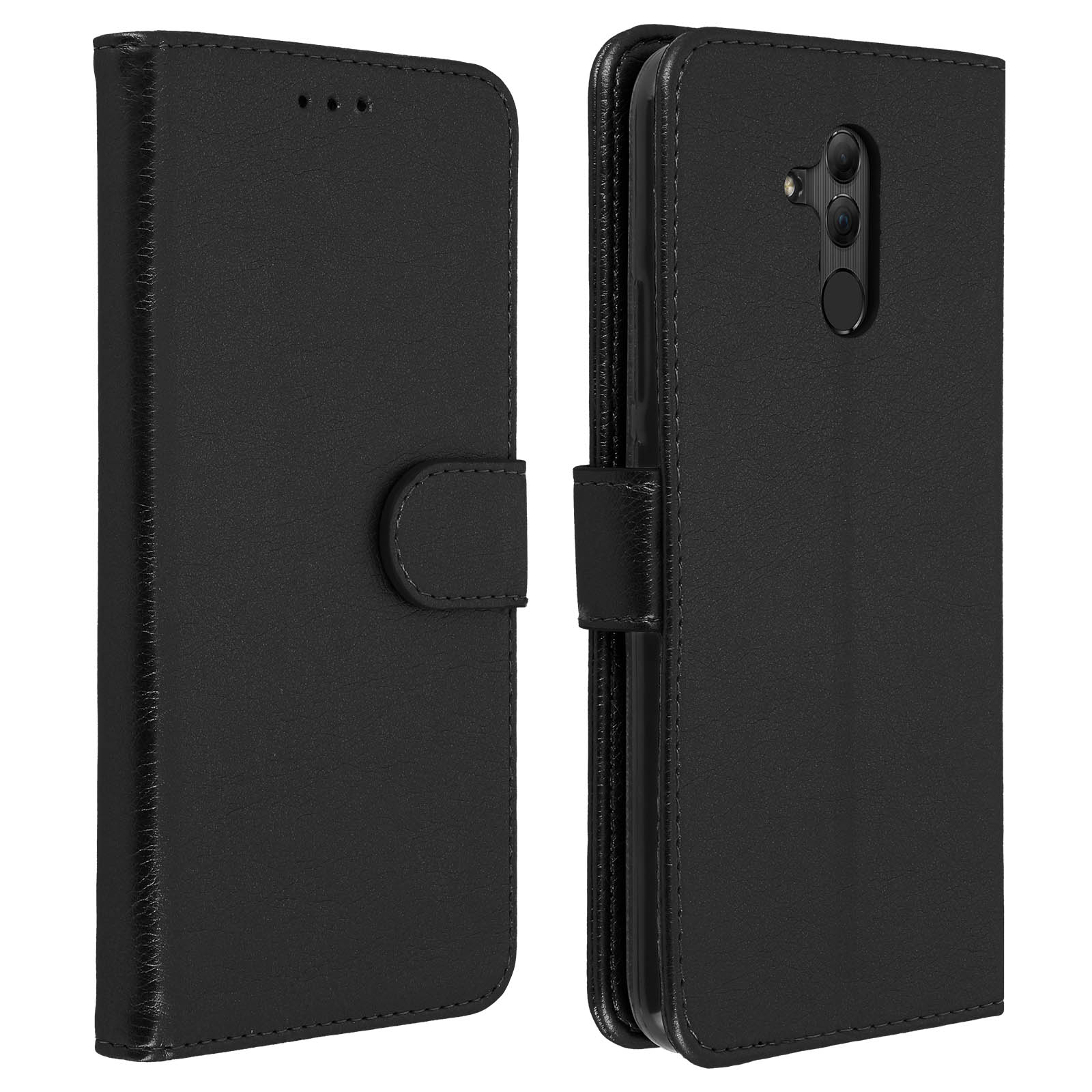 Custodia in pelle nera, chiusa e aperta, con chiusura a bottone. Contiene un telefono.