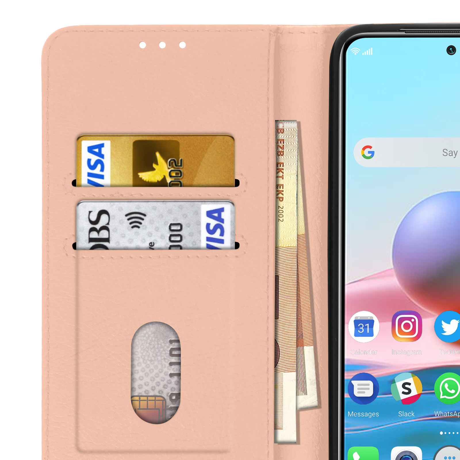 Ein Telefon mit Kreditkarten und Geld in einer Geldbörsenhülle.