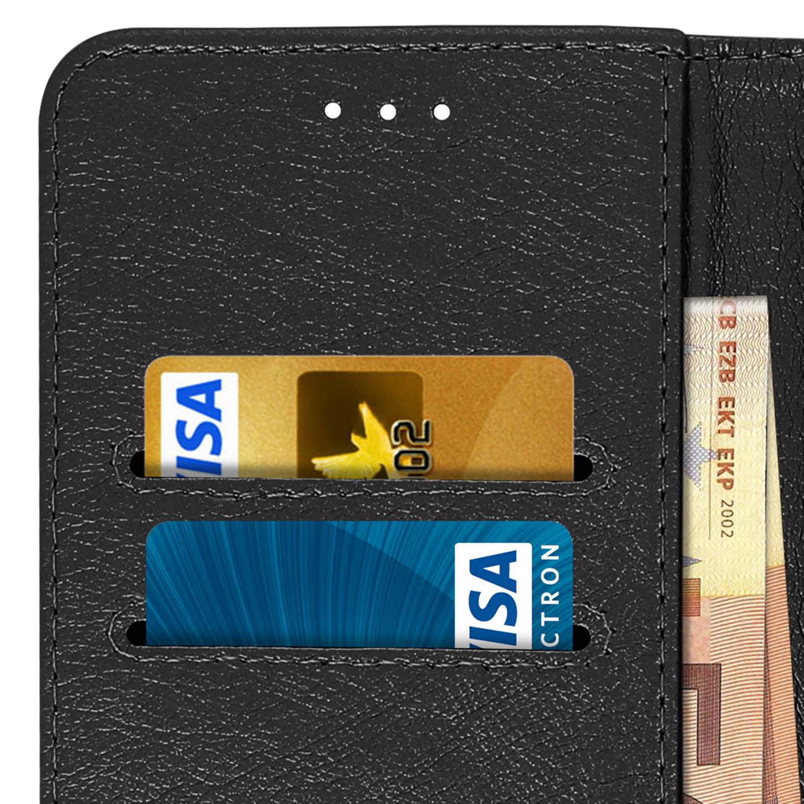 Interno di una custodia per telefono con fessure per carte di credito e una tasca per contanti. Lo sfondo è nero.