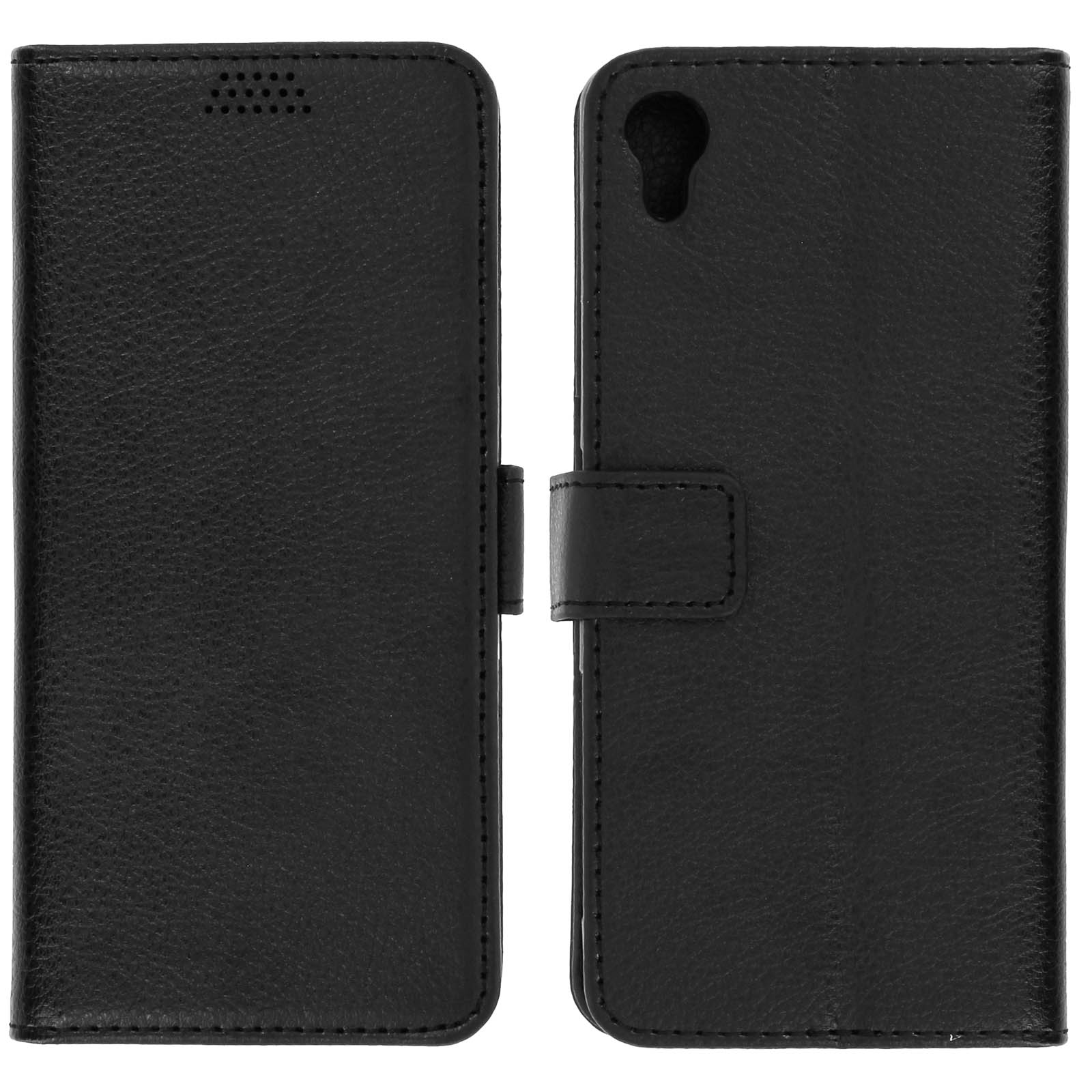 Custodia in pelle nera per telefono, aperta. È una custodia a portafoglio con chiusura magnetica.