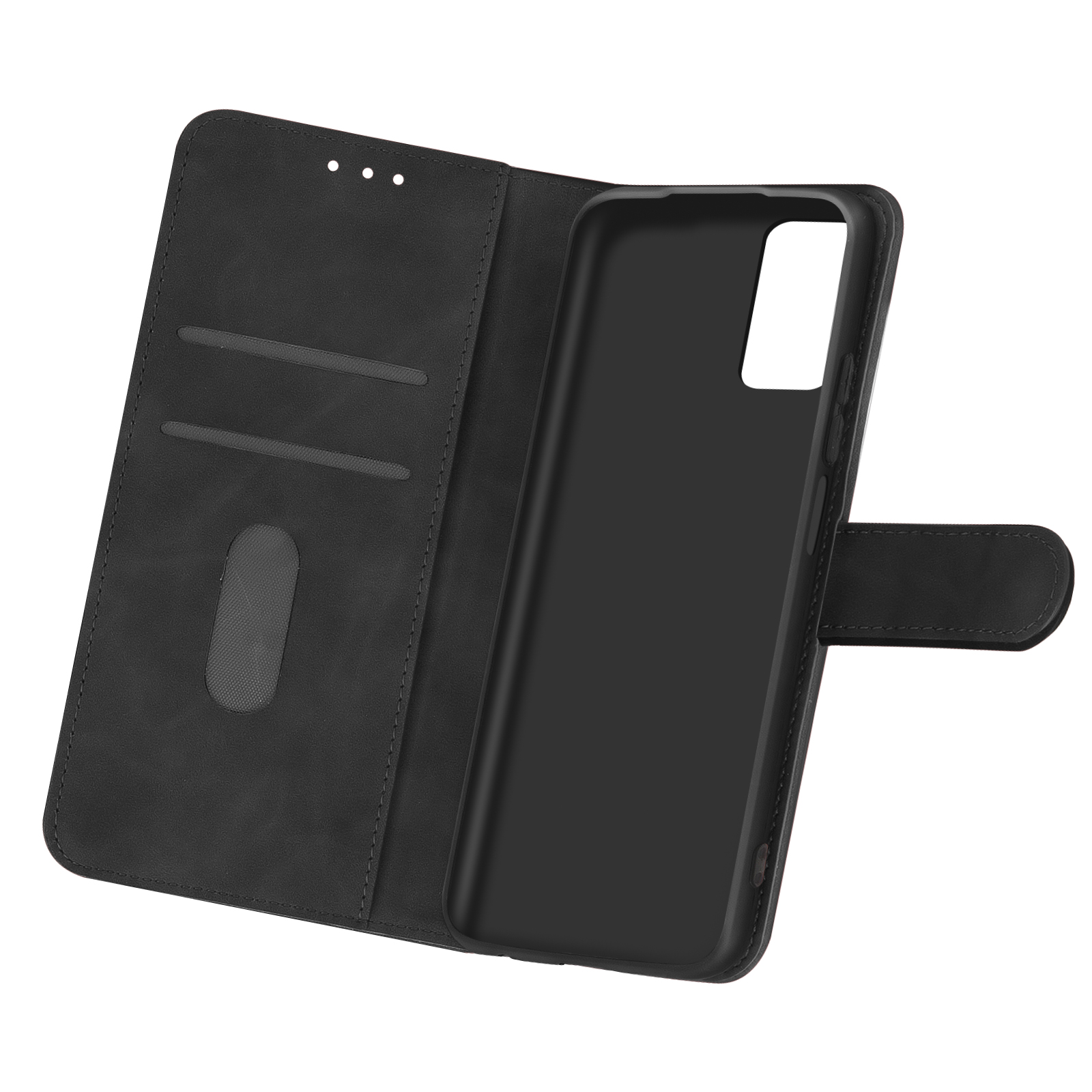 Coque de téléphone noire, ouverte. La coque montre un support de téléphone et des fentes pour cartes. L'intérieur est noir.