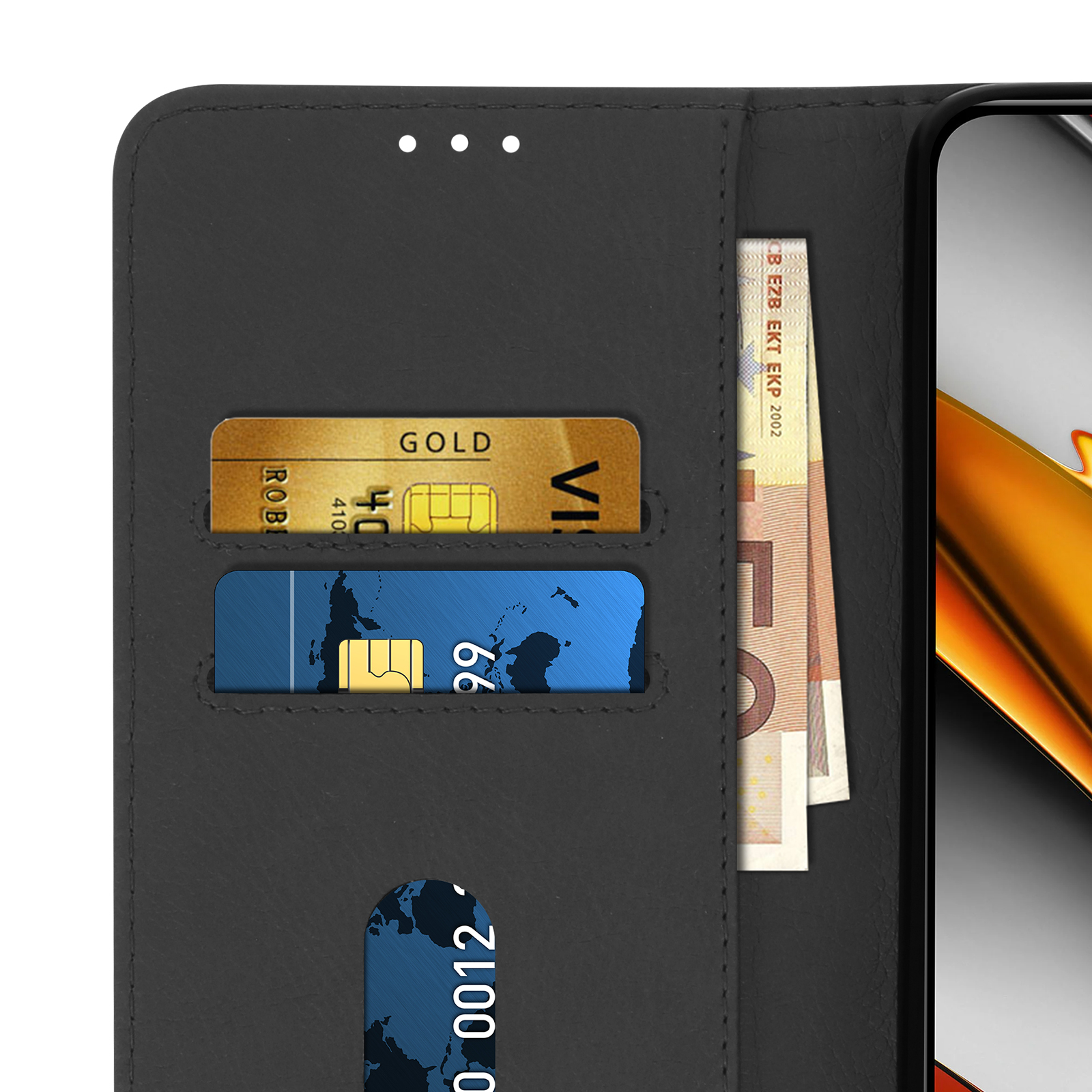 Gros plan sur un portefeuille noir pour coque de téléphone avec cartes de crédit et de l'argent à l'intérieur.