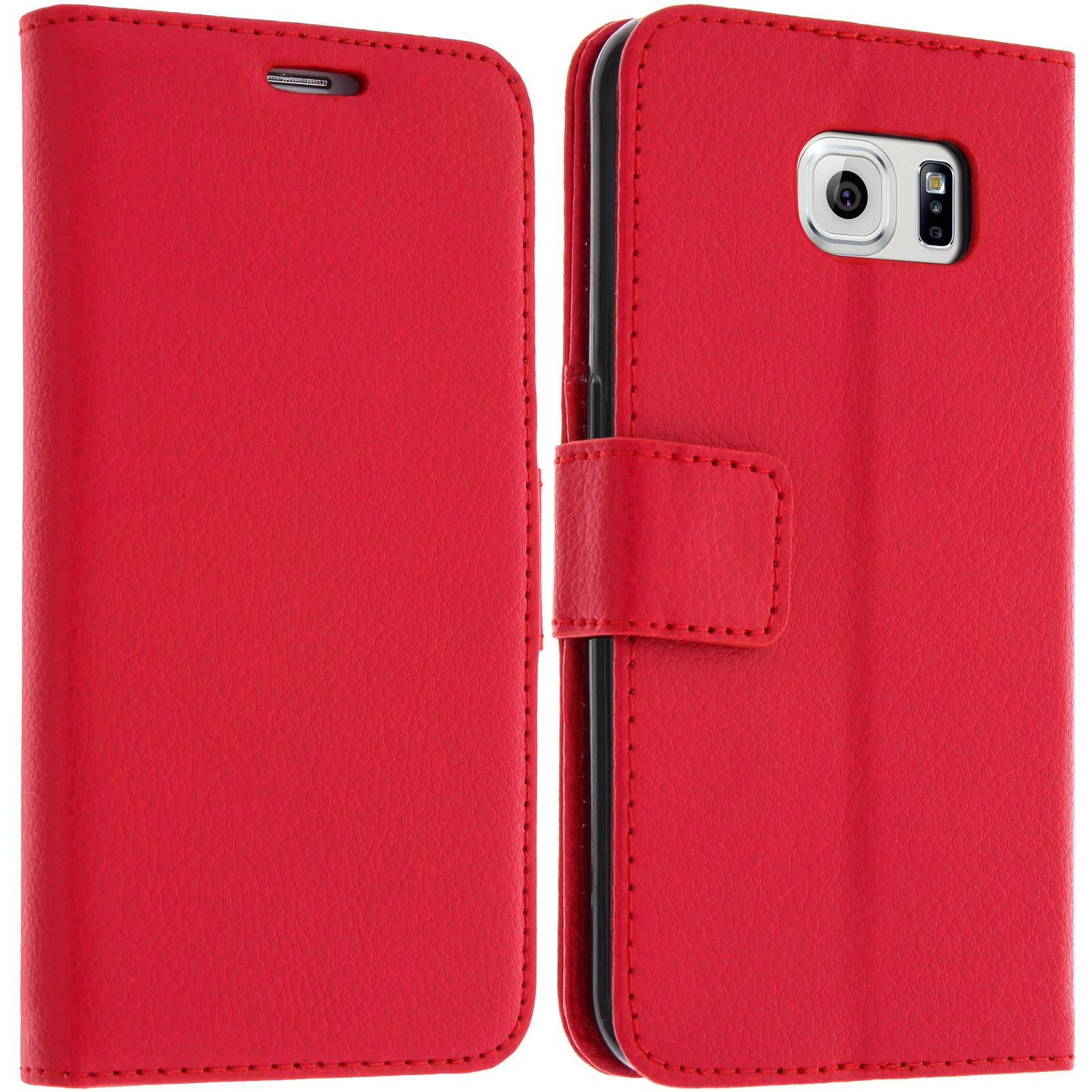 Custodia in pelle rossa, chiusa e aperta, con chiusura a bottone. Contiene un telefono.